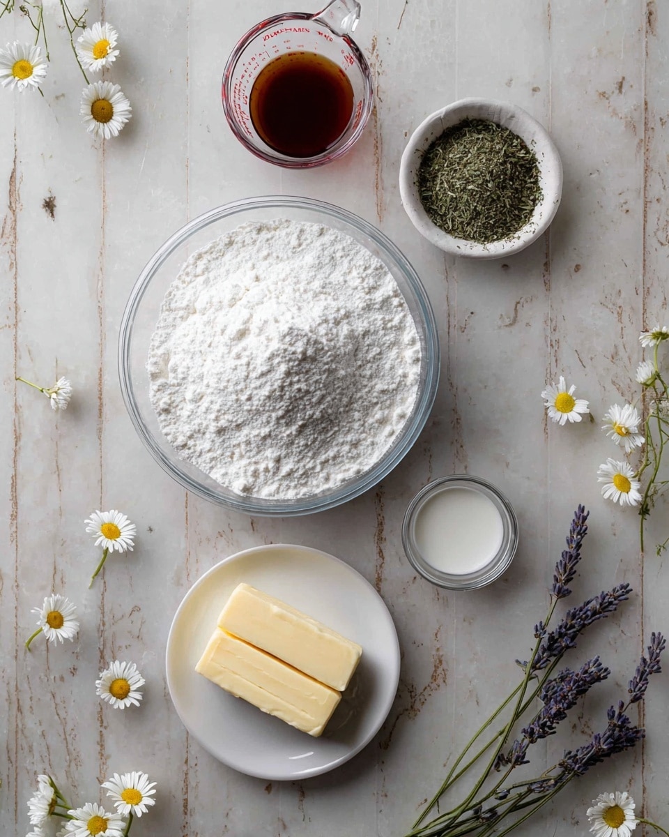 A top-down view of baking ingredients arranged on a white marbled surface, featuring a large clear glass bowl filled with fine white powdered sugar in the bottom center, a white plate to the right holding two pale yellow solid sticks of butter with a small sprig of lavender beside them, a small clear glass cup with white liquid near the plate's bottom right, a small round clear bowl containing finely chopped dried herbs located to the upper left of the large bowl, and a small clear measuring cup with a dark brown liquid above the herb bowl, all surrounded by small white daisies with yellow centers scattered around the edges; photo taken with an iphone --ar 4:5 --v 7