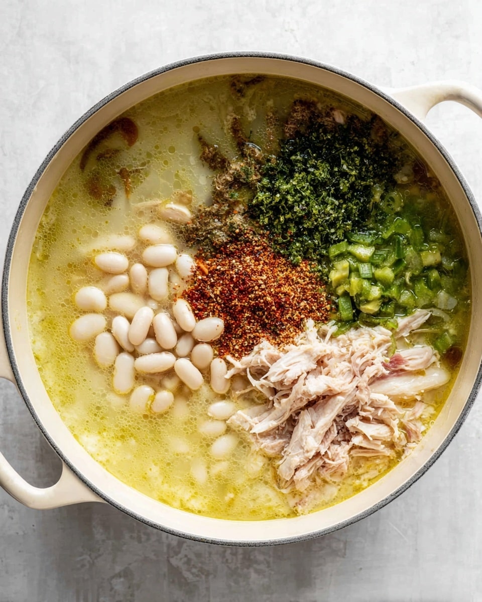 A top view of an off-white pot on a white marbled surface filled with a light yellow broth with green bits floating in it. In the broth, there are five visible layers arranged separately: a cluster of white beans at the bottom left, shredded light pink cooked chicken on the right, minced green herbs on the upper right, chopped green vegetables next to the herbs, and a pile of mixed red and brown spices sprinkled in the center. The textures vary from smooth broth to soft chicken and coarse spices. photo taken with an iphone --ar 4:5 --v 7