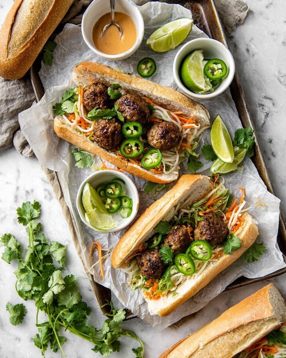 Two sandwiches are placed on crumpled parchment paper on a metal tray with a white marbled surface below. Each sandwich is made with a white baguette split open, holding four brown meatballs lined in a row. Underneath the meatballs, there is a layer of thin white noodles, and beneath that, bright orange shredded carrots. Fresh green cilantro leaves are scattered on top and around the sandwiches. Several sliced green jalapeños rest on top of the meatballs. On the tray, there are small white bowls with lime wedges and more jalapeño slices, and another white bowl with a light orange sauce and a spoon. A whole white baguette rests on the tray and another near the bottom edge. Loose cilantro sprigs and lime wedges are scattered around, set against the white marbled surface. Photo taken with an iphone --ar 4:5 --v 7