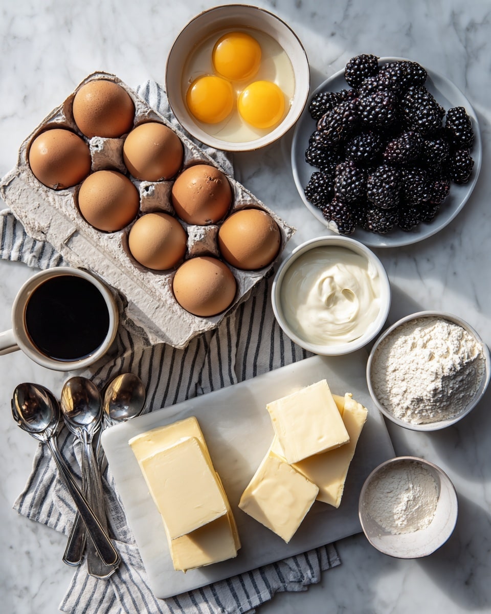 The image shows several ingredients arranged on a white marbled surface. In the center is a carton with eight brown eggs, with one egg outside the carton. Above the carton is a bowl with three bright yellow egg yolks in clear egg whites. To the right is a large white plate filled with shiny blackberries, and below it a small bowl with smooth white cream. In the bottom center are three thick rectangular blocks of pale yellow butter on a marble slab, and to the left are smaller chunks of butter stacked on a striped cloth. There is a small bowl with flour to the right and another bowl containing a white thick mixture near the bottom left. A cup of dark coffee sits on the top left, next to a small white bowl filled with blackberries. Two silver measuring spoons lie at the bottom left. The whole scene is bright, with natural light highlighting the textures. Photo taken with an iphone --ar 4:5 --v 7