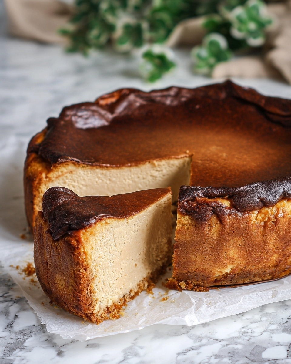 A round cheesecake with a thick, dense light beige filling, showing a smooth texture inside. The cheesecake has a very dark browned top layer that is slightly cracked. The crust is unevenly browned with a golden to dark brown color, slightly wrinkled, and it wraps partially up the sides. A single slice is cut and slightly pulled out from the cake, resting on white parchment paper. The background has a blurred green plant and the surface is a white marbled texture. photo taken with an iphone --ar 4:5 --v 7