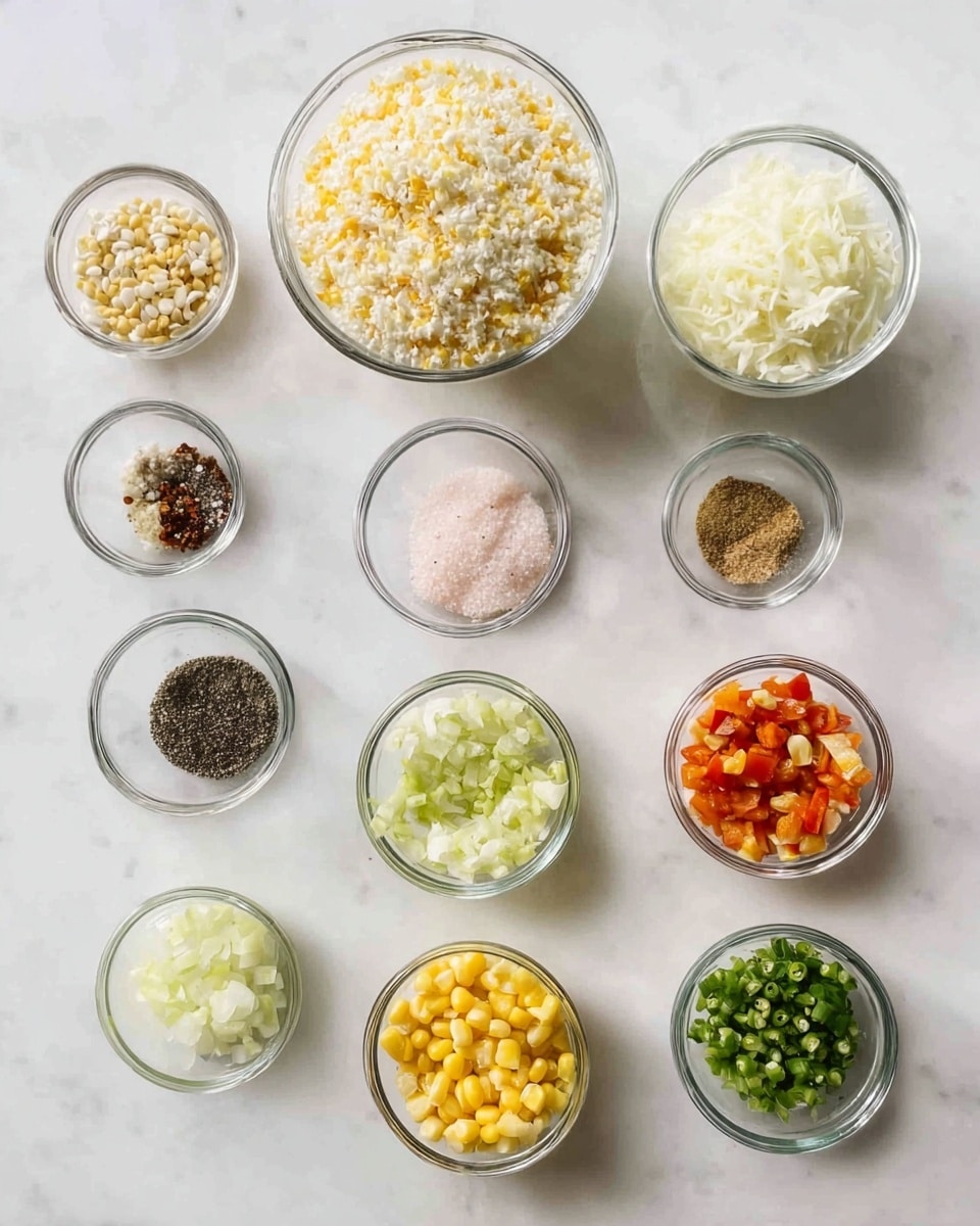 The image shows twelve small clear glass bowls arranged on a white marbled surface. The bowls hold different chopped or ground ingredients: from left to right, top to bottom, there is a large bowl filled with small white and yellow grains, another large bowl with finely shredded white pieces, a small bowl with a mix of brown spices, a small bowl with black pepper, a small bowl with pink salt, another small bowl with minced light yellow garlic, a smaller bowl with chopped green herbs, a small bowl with chopped green chilies, a small bowl with chopped orange-red peppers, another with shredded white pieces, and lastly a bowl with yellow corn kernels mixed with bits of other light ingredients. The bowls are all clear and the white marbled surface is clean and smooth. photo taken with an iphone --ar 4:5 --v 7