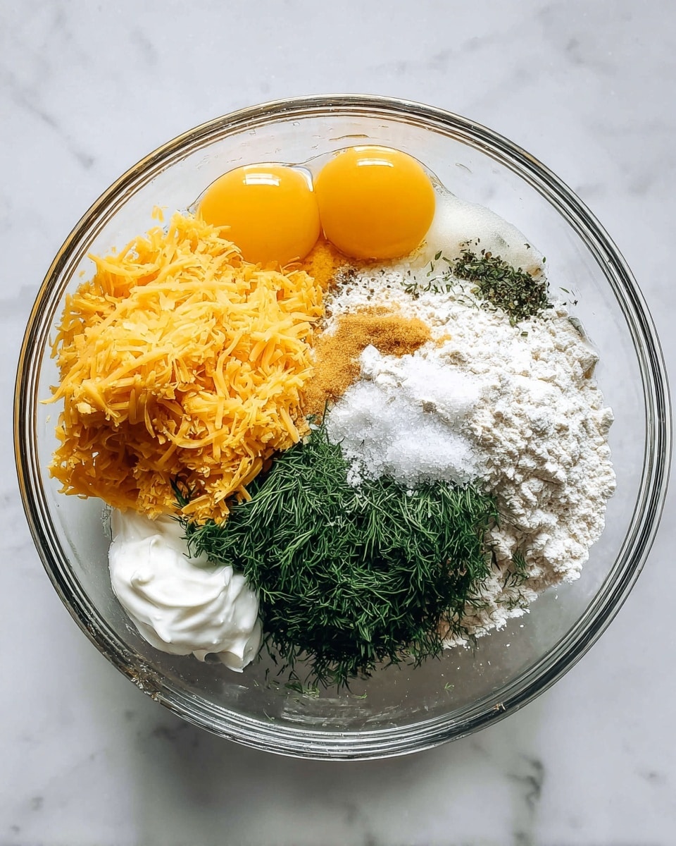 A clear glass bowl sits on a white marbled surface, filled with several unmixed ingredients arranged in distinct sections: two whole raw eggs with bright yellow yolks, a mound of bright orange shredded cheese on the left, a pile of fresh green dill below the cheese, a dollop of white sour cream near the bottom center, a heap of white flour to the right of the sour cream, and small amounts of black pepper and granulated white sugar near the eggs. The textures vary from smooth egg yolks to fluffy flour and finely chopped herbs. photo taken with an iphone --ar 4:5 --v 7
