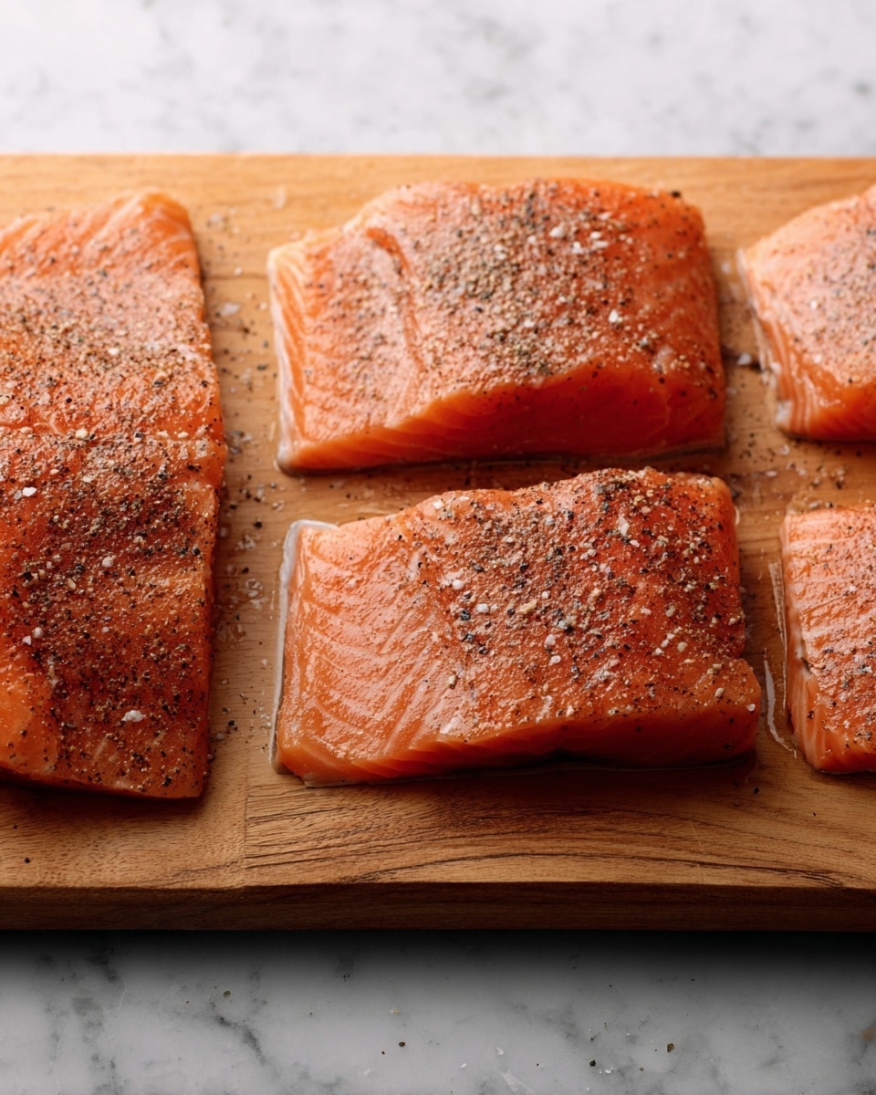 Four pieces of raw salmon fillets lie flat on a wooden board arranged in a 2 by 2 grid. Each fillet has a bright orange color with a glossy texture and is topped with a sprinkling of dark brown and beige seasoning. The wooden board sits on a white marbled textured surface, creating a simple and clean background. The lighting highlights the moistness and freshness of the salmon and the grain of the wooden board. photo taken with an iphone --ar 4:5 --v 7