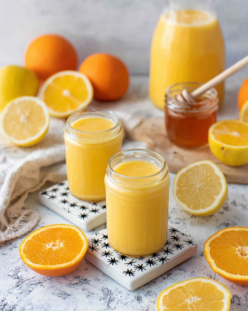The image shows two small glass jars filled with a thick yellow-orange smoothie placed on white tiles with black star patterns. Around the jars, there are fresh lemon halves, orange slices, and whole lemons and oranges. Behind them, there is a glass pitcher full of the same smoothie, and to the right, a jar of honey with a wooden dipper inside. The surface is a white marbled texture with a soft cloth on the left side. The overall look is fresh and bright with a focus on the natural colors of the fruit and smoothie photo taken with an iphone --ar 4:5 --v 7