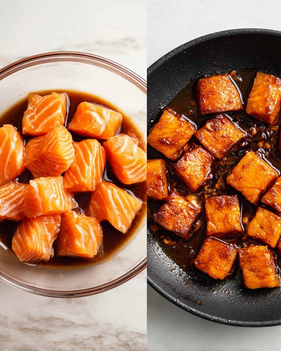 The left side shows a clear glass bowl on a white marbled surface, filled with several cubed pieces of raw salmon that are bright orange with white lines, all soaked in a dark brown marinade with a glossy texture. The right side shows oak-brown cooked salmon cubes with a slightly charred surface, glistening with oil, inside a black pan with some sauce around them. Photo taken with an iphone --ar 4:5 --v 7