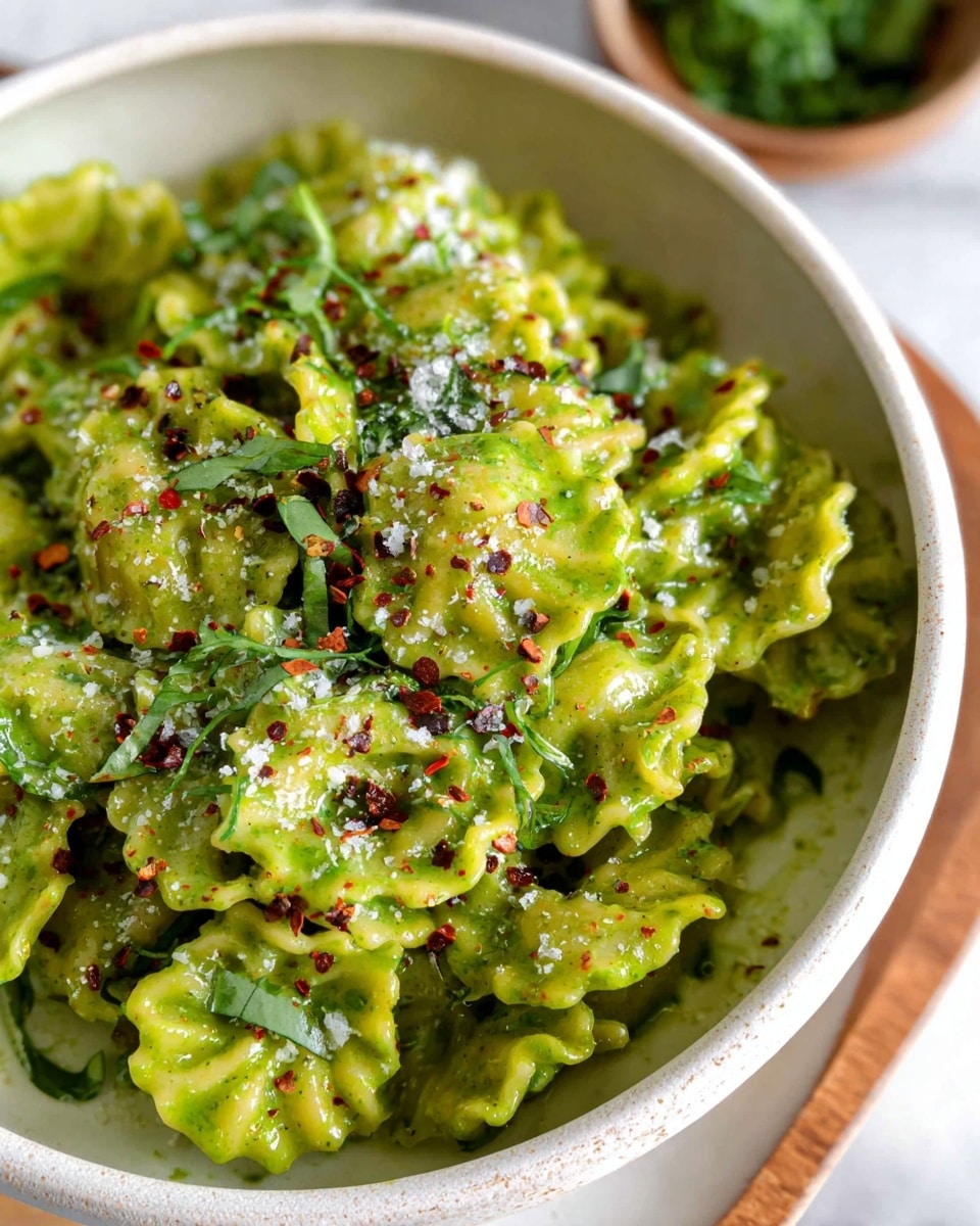 The image shows a close-up of a white bowl filled with green pasta that has a ruffled edge and spiral shape, all covered in a bright green sauce. The pasta is topped with small green herb pieces, finely grated white cheese, and red pepper flakes scattered on the surface. The bowl sits on a white marbled texture, and in the background, there are blurred small white bowls with chopped greens. photo taken with an iphone --ar 4:5 --v 7