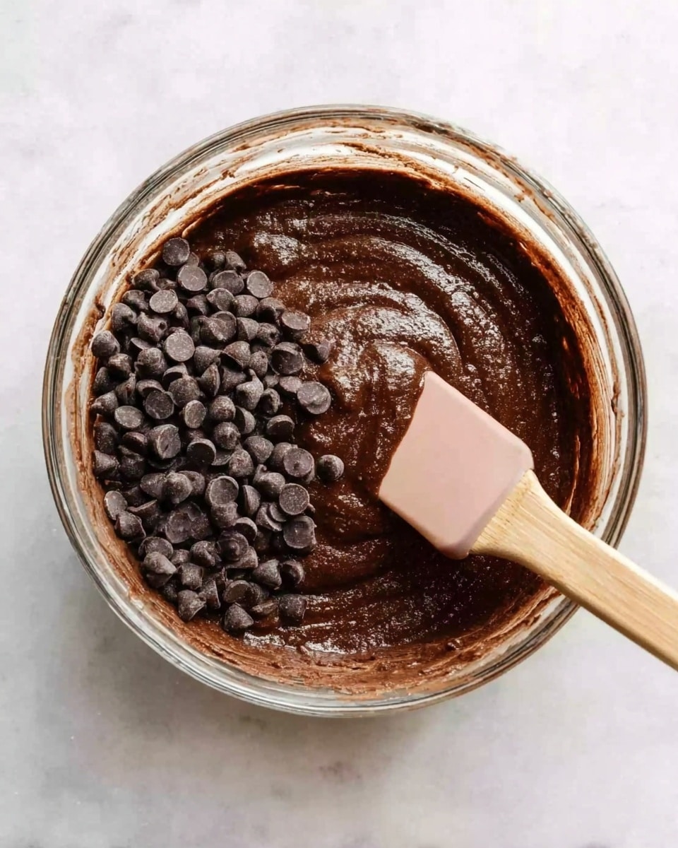 A clear glass bowl filled with thick, dark brown chocolate batter, with a smooth texture. A wooden spoon with a pale pink silicone spatula end is partially dipped in the batter on the right side of the bowl. A pile of shiny dark chocolate chips sits on the left side of the batter, some slightly sinking into it. The bowl sits on a white marbled surface. Photo taken with an iphone --ar 4:5 --v 7