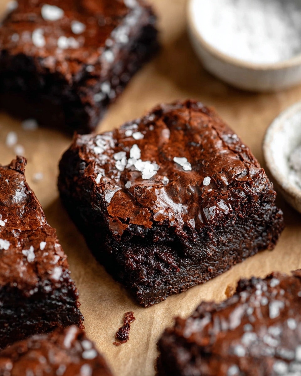 The image shows a close-up of a rich, dark brown chocolate brownie with a shiny, crackled top layer sprinkled with coarse sea salt flakes. The brownie has a dense and moist texture inside with a slightly rough and textured edge. Around it, there are more similar brownie pieces, all placed on a white marbled surface lined with brown parchment paper. Part of a white bowl filled with more salt flakes is visible at the corner. The scene is warm and inviting, focusing on the textures and salt contrast on the dark chocolate surface photo taken with an iphone --ar 4:5 --v 7