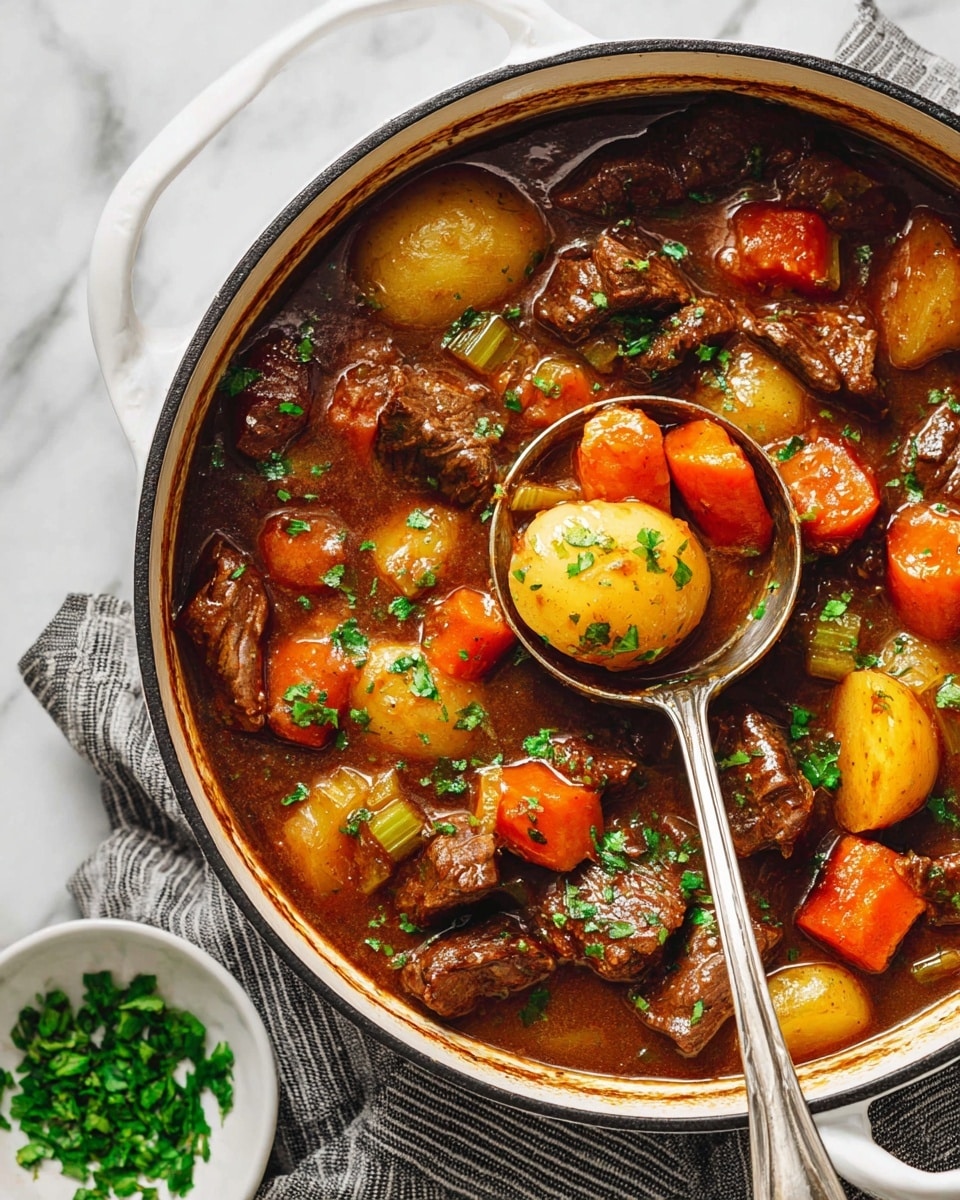 A white pot filled with a dark brown stew made of chunks of beef, thick carrot pieces, yellow potato halves, and small pieces of celery, all mixed in a rich sauce. The stew is sprinkled with chopped green herbs on top. A silver ladle rests inside the pot, lifting some stew showing a detail of the ingredients in the ladle: a potato half, a carrot piece, celery, and beef. Next to the pot is a small white bowl with more green herbs, and a gray dish towel with white stripes is placed underneath the pot on a white marbled surface. photo taken with an iphone --ar 4:5 --v 7