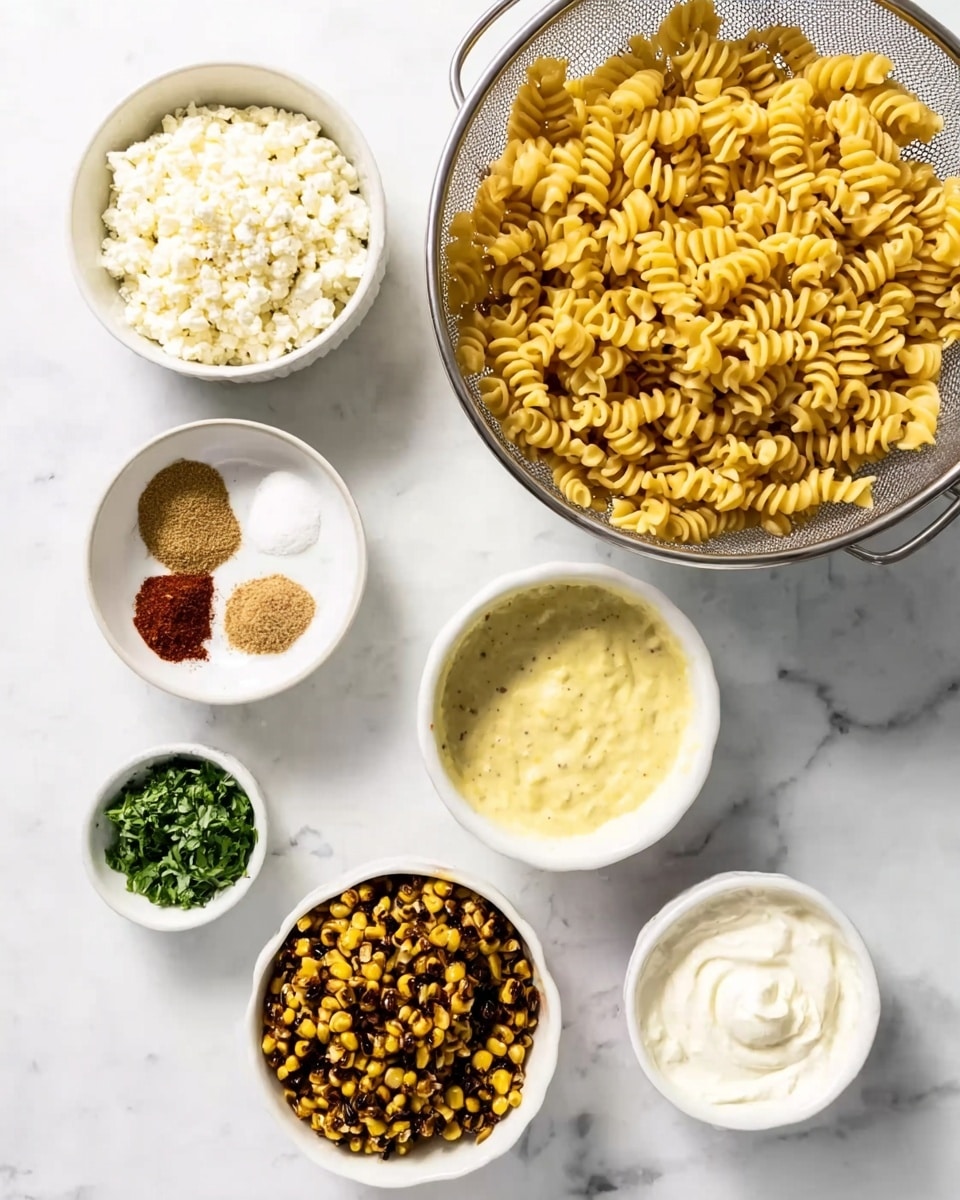 The image shows several small white bowls and a colander on a white marbled surface. In the colander, there is cooked yellow spiral pasta. To the right, a white bowl is filled with dark yellow grilled corn kernels. Above the colander, a white bowl contains white crumbled cheese. Next to it, a small white bowl holds three spice powders in shades of beige and dark red, arranged side by side. A small white bowl with chopped green herbs is placed in the center. To the top right, a white bowl holds thick pale yellow sauce, while below it, another white bowl has a white creamy sauce. The whole scene is clean and bright. photo taken with an iphone --ar 4:5 --v 7