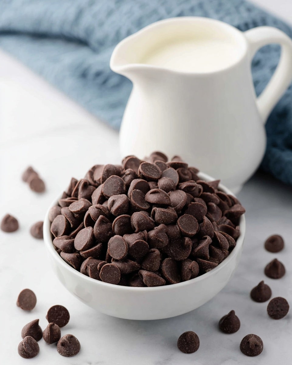 The image shows a white round bowl filled with many dark brown chocolate chips, each with a smooth and slightly shiny texture, piled high to the top edge. Beside the bowl, there is a white ceramic pitcher filled nearly to the top with creamy white milk. Scattered around the bowl and pitcher are a few loose chocolate chips resting on a white marbled surface. In the background, a soft, folded blue cloth adds a touch of color while staying out of focus. photo taken with an iphone --ar 4:5 --v 7