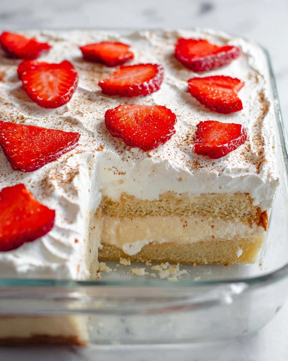 A square glass dish holds a layered dessert with three clear layers: the bottom layer is moist and light beige cake soaked with creamy liquid, the middle layer is thick white whipped cream topped with a light sprinkling of cinnamon powder, and the top layer is decorated with thin red strawberry slices evenly placed on the whipped cream. One serving is removed from the dish, showing the soaked cake and creamy base inside against a white marbled surface. Photo taken with an iphone --ar 4:5 --v 7