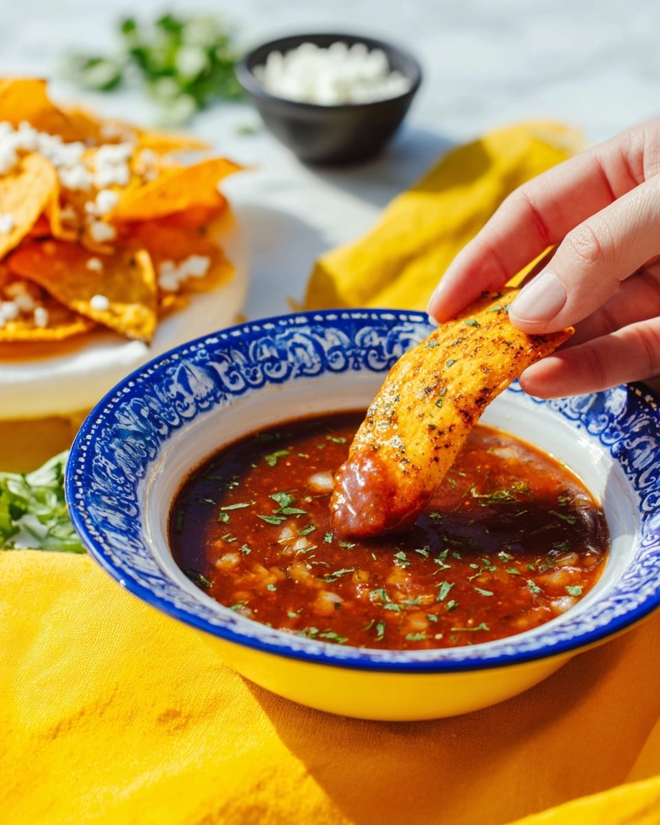 Two golden brown tacos lie folded on a white plate with blue rim and blue decoration in the center; the tacos have a textured, slightly crispy surface with small green herb flakes and white onion pieces sprinkled on top. Behind the plate, there is a white bowl with blue decorative rim filled with thick red sauce, placed on a yellow cloth. To the right, small black bowls hold finely chopped white onions and chopped green herbs. The whole setting is on a white marbled surface. photo taken with an iphone --ar 4:5 --v 7