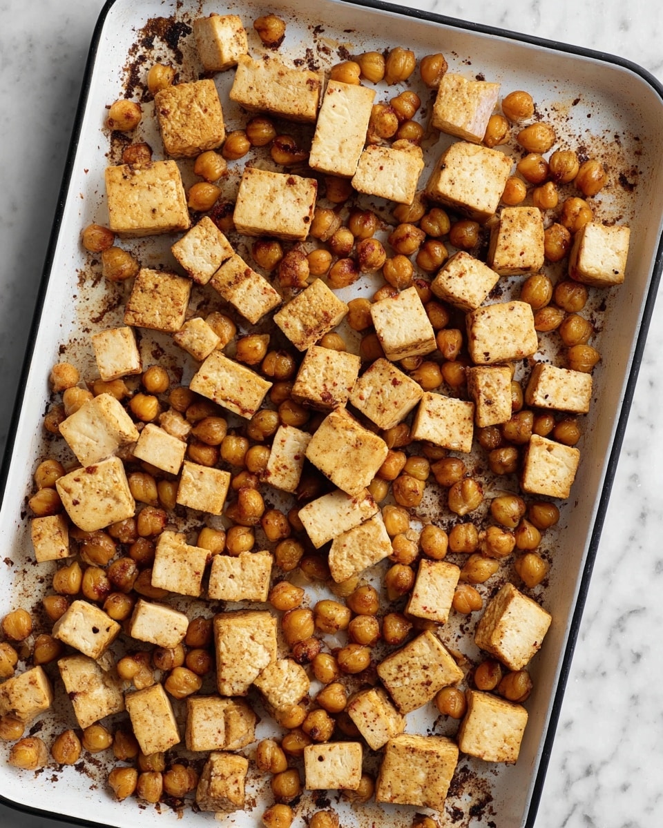 This image shows one layer of food in a white tray with a black rim. The tray is filled with roasted cubes of tofu and round chickpeas. The tofu pieces are light brown with some darker roasted spots, slightly crispy on the edges, and evenly spread across the tray. The chickpeas are a warm golden brown, mixed evenly with the tofu, also showing some roasted texture with wrinkles and slight darkening. The tray is placed on a white marbled surface. photo taken with an iphone --ar 4:5 --v 7