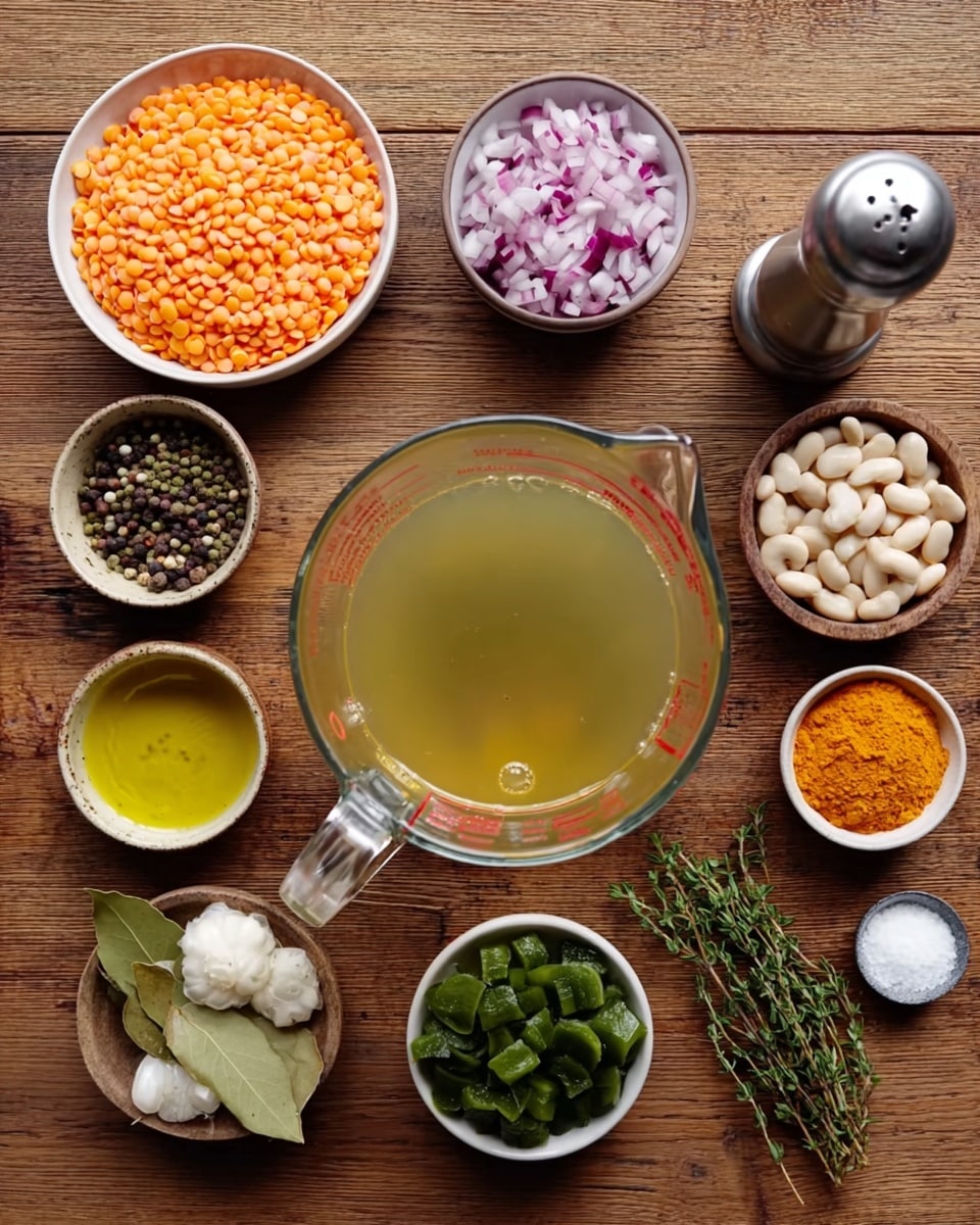 The image shows a top view of various cooking ingredients arranged neatly on a wooden surface. In the center is a clear glass measuring cup filled with light yellow broth. Surrounding it are small bowls: one with orange lentils, one with chopped red onion, one with white beans, one with frozen green cubes, and smaller bowls containing a bay leaf, yellow oil, black pepper, orange turmeric powder, minced garlic, and white salt with a small silver spoon. Fresh green thyme sprigs and a silver pepper grinder are also placed on the right side. The overall layout is tidy and colorful with a natural, simple look. photo taken with an iphone --ar 4:5 --v 7