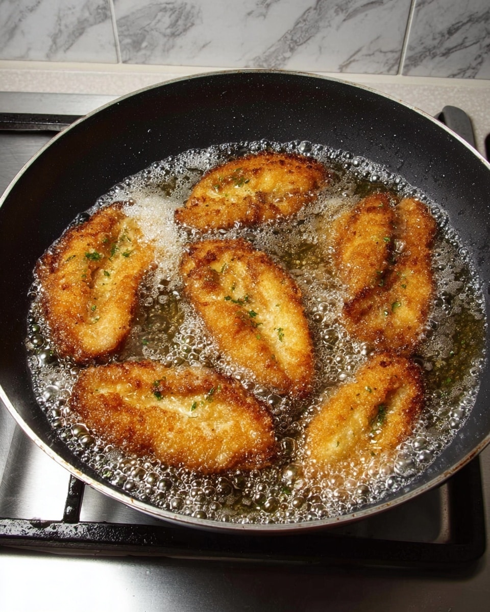 A black frying pan on a gas stove shows six golden brown fried fish pieces cooking in bubbling oil. Each fish piece has a crispy texture with a mix of light and dark golden colors, some with hints of green herbs sprinkled on top. The fish pieces are arranged in a circular pattern, all surrounded by foam and bubbles from frying. The stove and background have a white marbled texture. Photo taken with an iphone --ar 4:5 --v 7