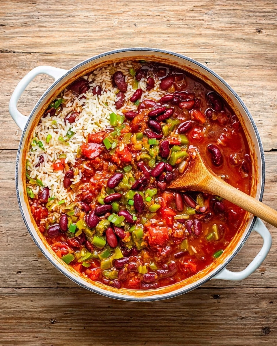 A white pot filled with a colorful mix of ingredients in a rich red tomato sauce. There are visible layers of cooked white rice, dark red kidney beans, diced green bell peppers, and chopped tomatoes with pieces of onion mixed throughout. A wooden spoon is partially submerged in the pot on the right side, stirring the contents. The pot sits on a light wooden surface. photo taken with an iphone --ar 4:5 --v 7