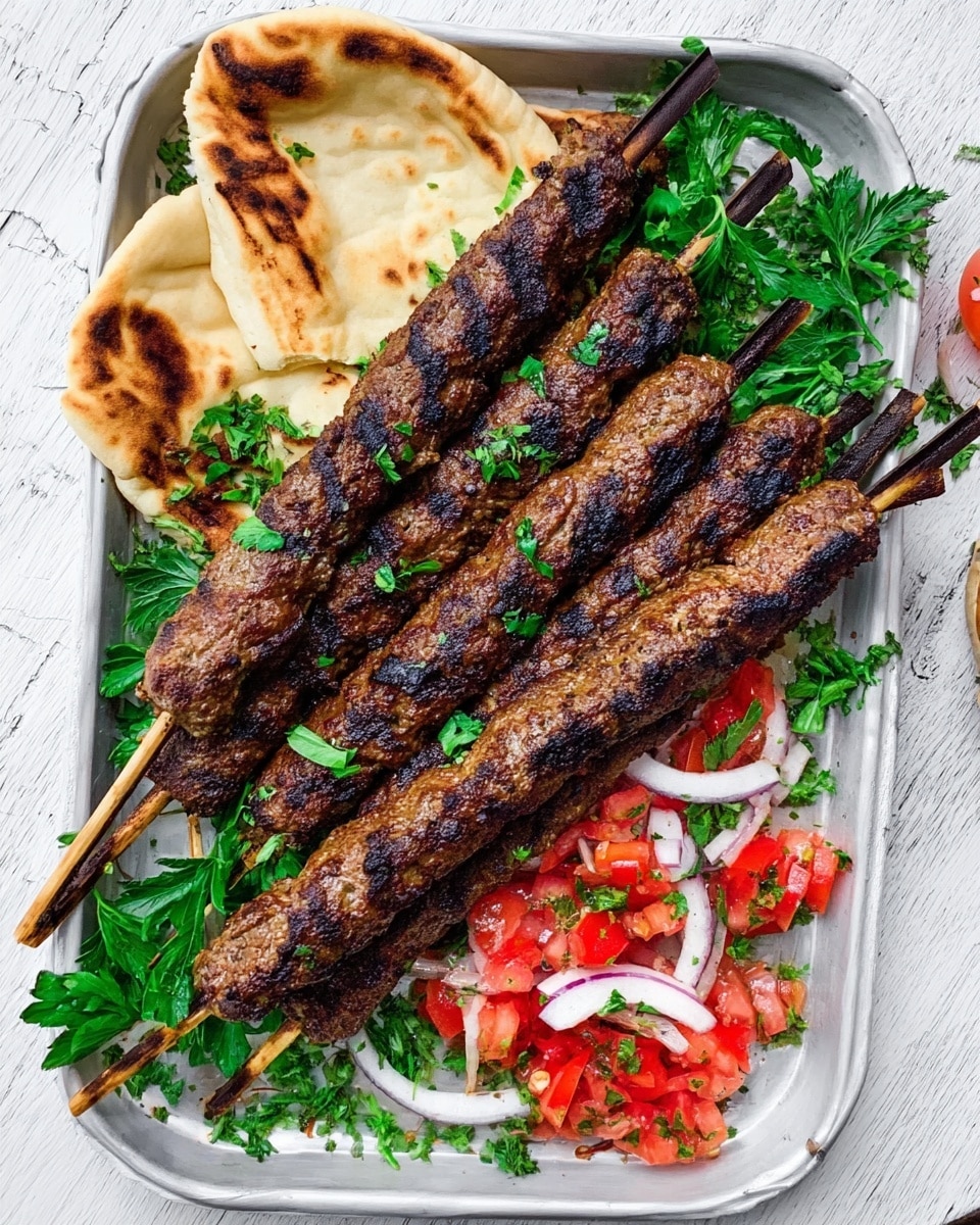 The image shows several skewers of grilled kebabs placed closely together, each piece showing a textured, dark brown, slightly charred surface with visible grill marks. The kebabs rest on a bed of fresh green parsley leaves and some thin slices of pale white onions scattered throughout. At the bottom right, there are chunks of red tomatoes mixed with some onion slices, adding bright colors and freshness to the dish. The entire arrangement is on a white plate set on a white marbled textured surface. photo taken with an iphone --ar 4:5 --v 7