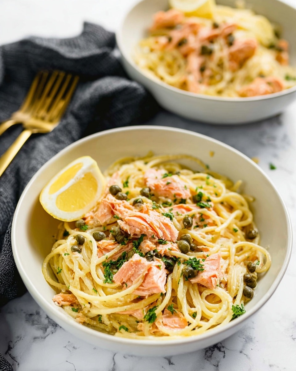 A white bowl filled with creamy spaghetti layered at the bottom, topped with pieces of pink cooked salmon and small green capers scattered around. A wedge of bright yellow lemon sits at the side inside the bowl. Fresh green parsley flakes are sprinkled evenly on top of the salmon and pasta. In the background, there is another white bowl with more creamy spaghetti and salmon, placed on a white marbled surface along with a dark grey cloth and a gold fork. The photo taken with an iphone --ar 4:5 --v 7