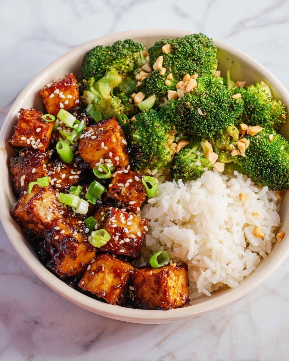 A white bowl filled with three main layers: on the left, there are shiny golden brown cubes of tofu covered in a sticky glaze, sprinkled with white sesame seeds and thin slices of green onions; on the right, steamed bright green broccoli florets topped with small bits of peanuts and a light sauce; and at the top right, a generous portion of fluffy white rice with a few sesame seeds scattered on top. The bowl sits on a white marbled surface. photo taken with an iphone --ar 4:5 --v 7