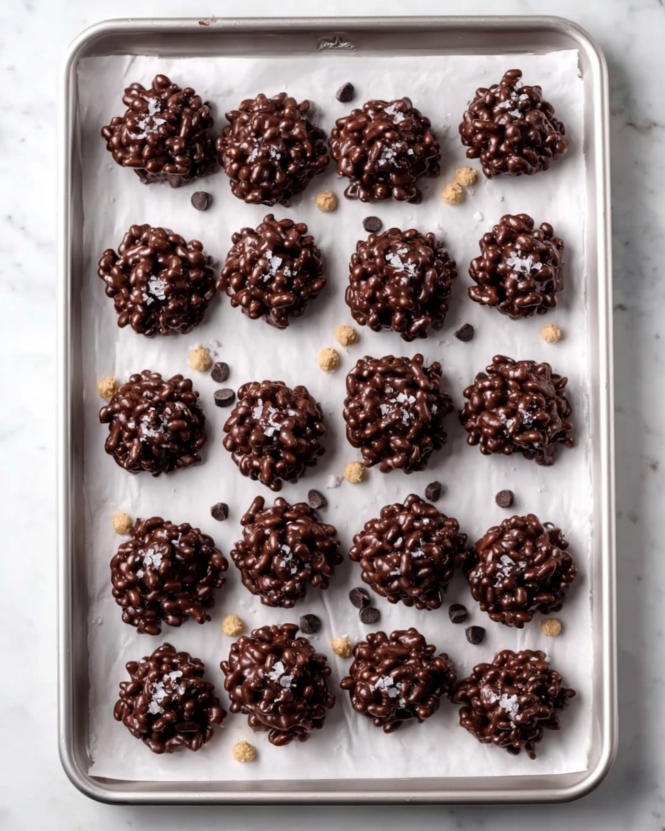 The image shows a silver baking tray lined with white parchment paper, holding twenty-five small round chocolate puff clusters arranged in five rows and five columns. Each cluster is made up of dark brown glossy chocolate-coated puffed cereal balls, tightly packed together forming uneven, rough textured tops and sides. A few clusters have small scattered white flakes, likely sea salt, on top, adding a contrasting detail. Around the clusters on the parchment paper are a few loose tiny dark chocolate chips and small beige puff pieces. The background features a white marbled surface. Photo taken with an iphone --ar 4:5 --v 7