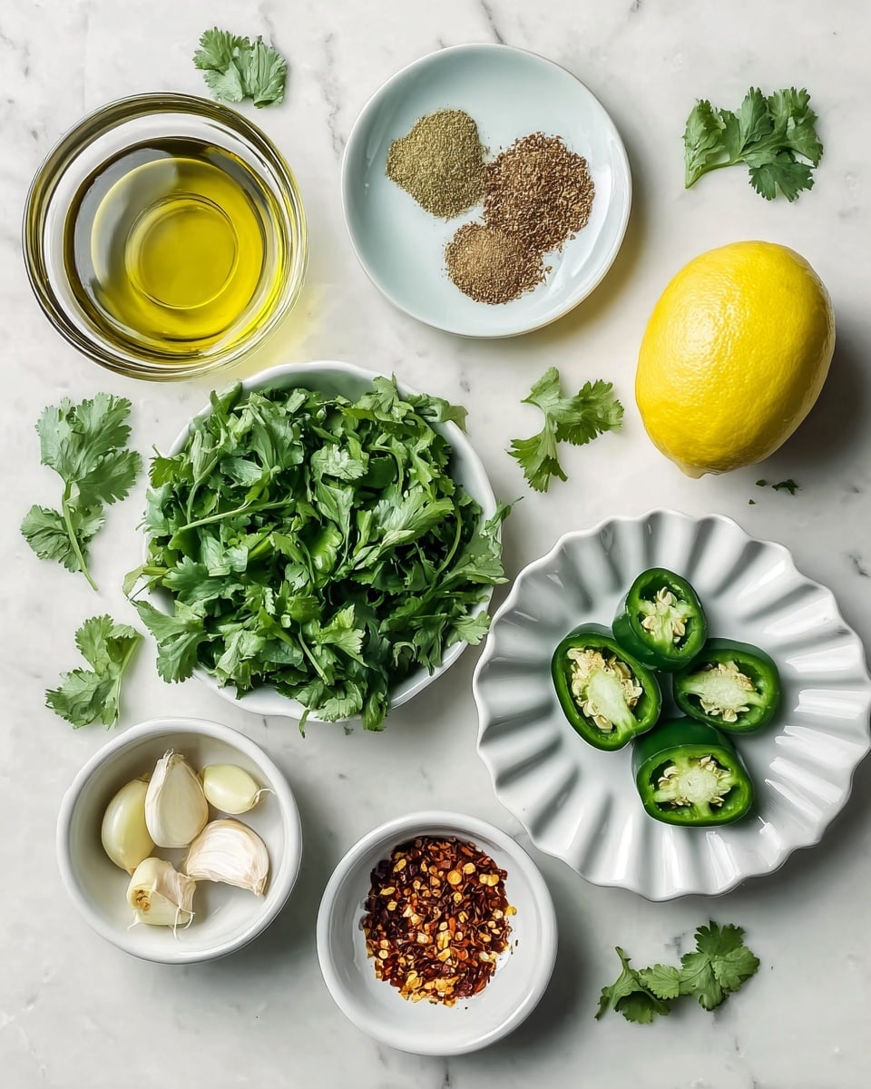 This image shows a top view of several small white bowls and plates on a white marbled surface. There is a clear glass bowl filled with golden olive oil in the top left, a small white plate with three different brown spices in the top center, and a halved yellow lemon on the top right. In the middle, a white bowl holds fresh green cilantro leaves, while below it, another white bowl contains fresh green parsley leaves. Near the bottom center, a white plate with a scalloped edge holds three whole green jalapeños and one jalapeño cut in half showing its seeds. To the right of this plate is a small white bowl filled with red chili flakes. At the bottom left, a small white bowl contains peeled garlic cloves. All the items are neatly arranged, and the colors are fresh and vibrant. Photo taken with an iphone --ar 4:5 --v 7