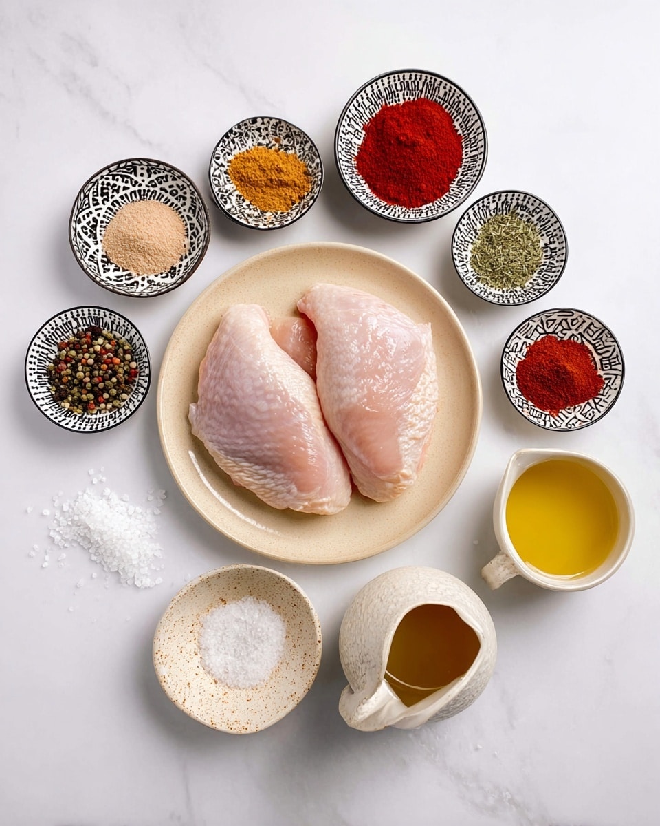 Two raw chicken pieces sit side by side on a light beige plate in the center of the image. Around the plate, eight small white bowls with black patterns hold different spices and seasonings: bright red powder, tan powder, brown powder, black pepper, greenish dried herbs, white granules, and another bright red powder. A small white jug with a golden brown liquid is placed to the right, and a small light beige textured bowl with a clear yellow liquid is on the left. A small white patterned bowl contains white salt near the bottom left. The items are arranged on a white marbled surface, photo taken with an iphone --ar 4:5 --v 7