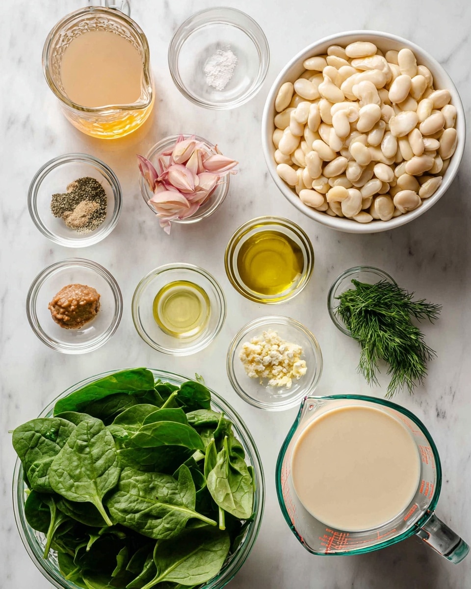 The image shows several clear glass bowls and small jars laid out on a white marbled surface. There is a large glass bowl filled with fresh, bright green spinach leaves at the bottom left. Above it to the right is a white bowl packed with pale, broad lima beans. To the left of the lima beans is a small glass bowl with thinly sliced pale pink shallots. In the center are small glass bowls containing coarse salt and black pepper, golden olive oil, fresh green dill sprigs, a light brown paste, finely minced garlic, and a clear liquid that could be lemon juice. At the bottom right, there is a large glass measuring cup filled with smooth, off-white liquid. At the top left is a clear glass pitcher holding a light brown broth or stock. All items are neatly arranged in a grid-like pattern, emphasizing their colors and textures. Photo taken with an iphone --ar 4:5 --v 7