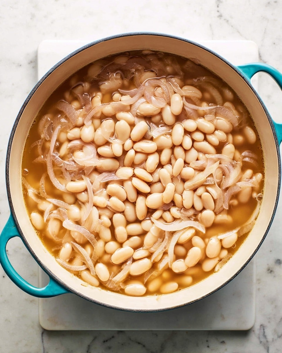 A large white pot with turquoise handles is filled with one thick layer of soft white beans soaking in a light brown broth, with thin curling slices of pale purple onion mixed evenly throughout, all sitting on a white marbled surface photo taken with an iphone --ar 4:5 --v 7
