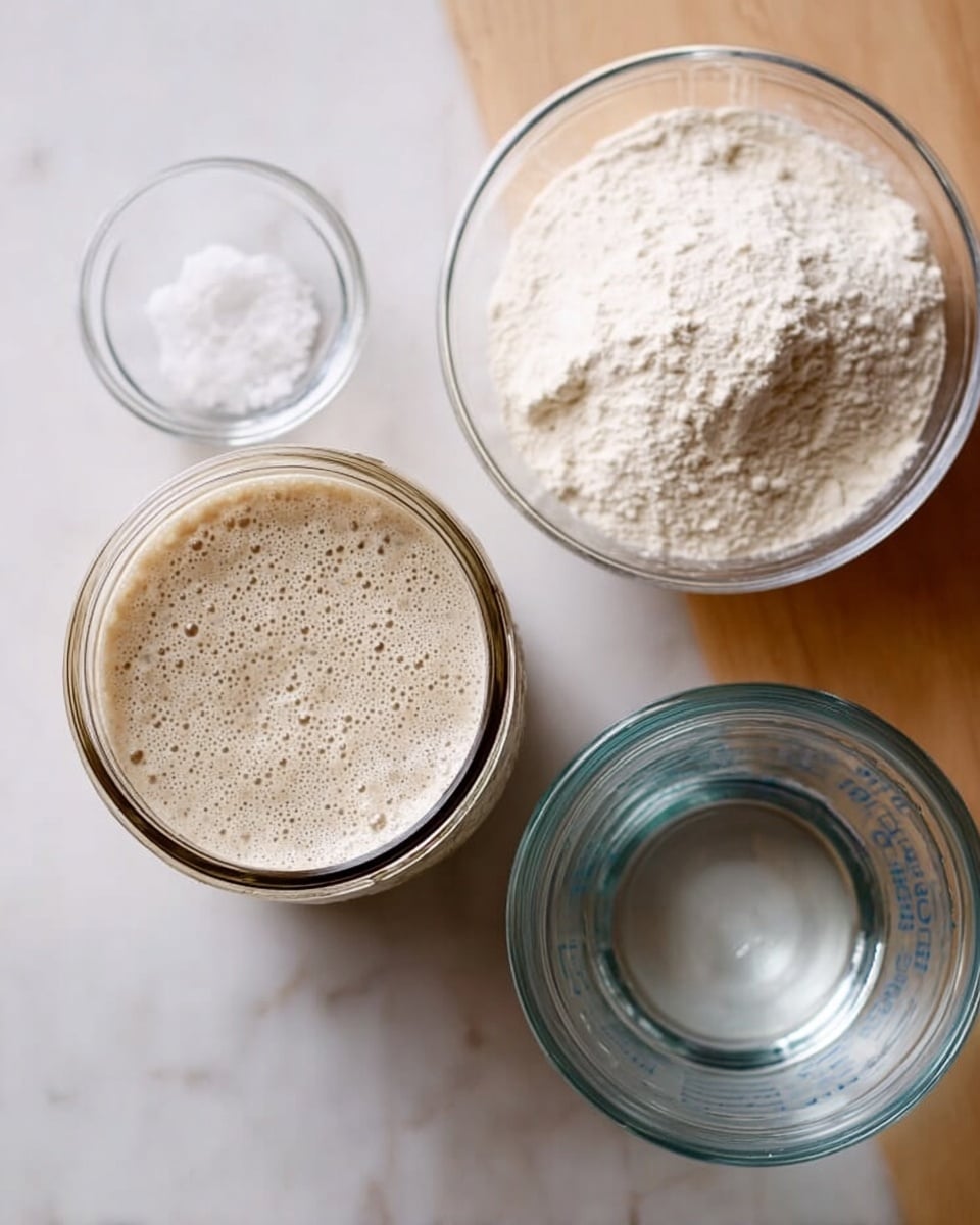 The image shows a top view of four containers of baking ingredients arranged on a white marbled surface. In the center is a glass jar with a bubbly, beige sourdough starter with a frothy texture. To the top right of the jar is a large clear bowl filled with white flour. To the right of the jar is a clear measuring cup with water inside, showing a smooth, transparent liquid. To the top left is a small clear bowl containing a small amount of coarse salt, white in color and granular in texture. All containers are clear glass, highlighting the textures and colors of their contents, photo taken with an iphone --ar 4:5 --v 7