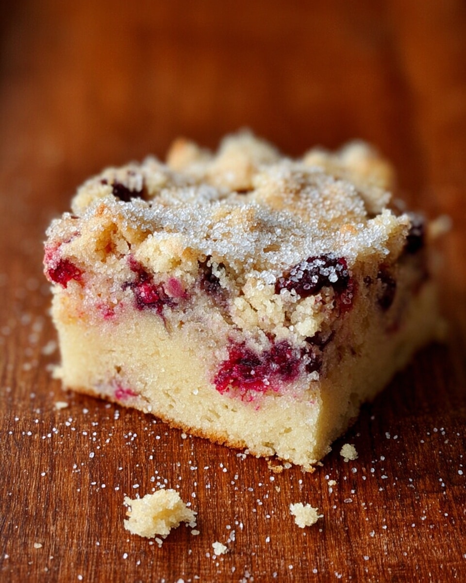 The image shows a single square piece of crumbly cake with a roughly textured top layer sprinkled with sugar crystals. The cake has two visible layers: the bottom layer is pale and soft-looking, while the thick top layer is scattered with red and dark purple berry pieces embedded within the light, fluffy dough. The cake rests on a warm brown wooden surface with some crumbs scattered around it. photo taken with an iphone --ar 4:5 --v 7