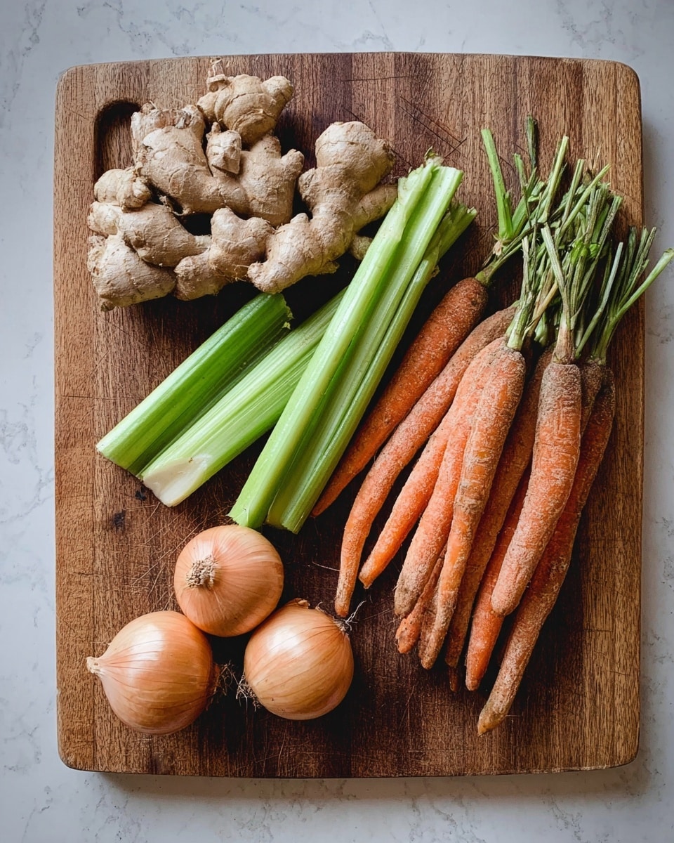 The image shows a wooden cutting board with several fresh vegetables neatly placed on it. On the left side, there is a cluster of light brown ginger roots with knobby textures, next to three bright green celery stalks with visible ribs and leafy ends. In the center, two small round onions with light brown, papery skins are positioned closely. To the right, there is a large bunch of fresh carrots, some thin and long, others thicker, all with a rough, slightly dirty orange skin and green tops still attached. The cutting board rests on a surface that is changed to a white marbled texture. photo taken with an iphone --ar 4:5 --v 7