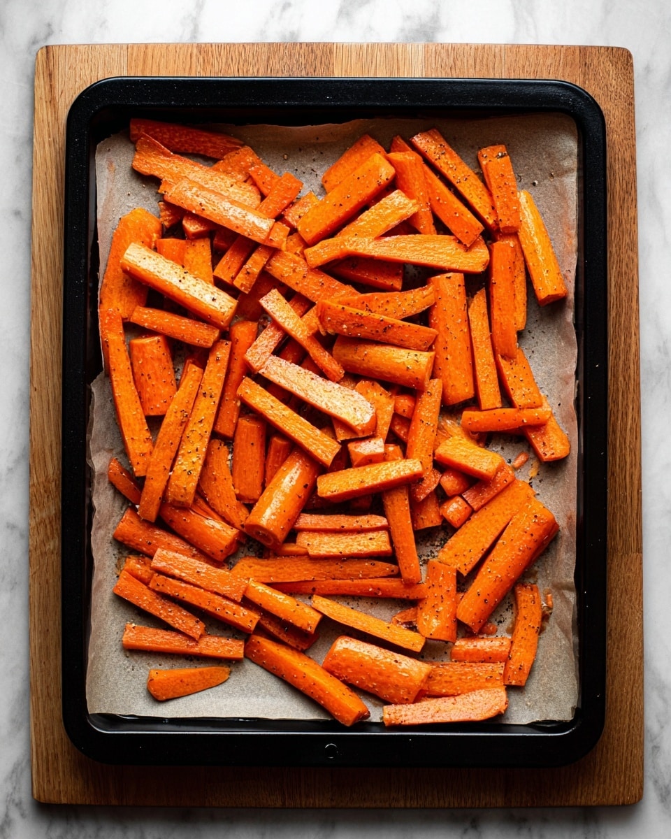 The image shows a black baking tray filled with many pieces of peeled, cut carrots, arranged loosely without overlapping. The carrot pieces vary in length and thickness, mostly cut into sticks and chunks, showing a bright orange color with some seasoning visible as small dark specks. The tray is lined with light-colored parchment paper, and the whole setup is placed on a wooden board resting on a white marbled surface. Photo taken with an iphone --ar 4:5 --v 7