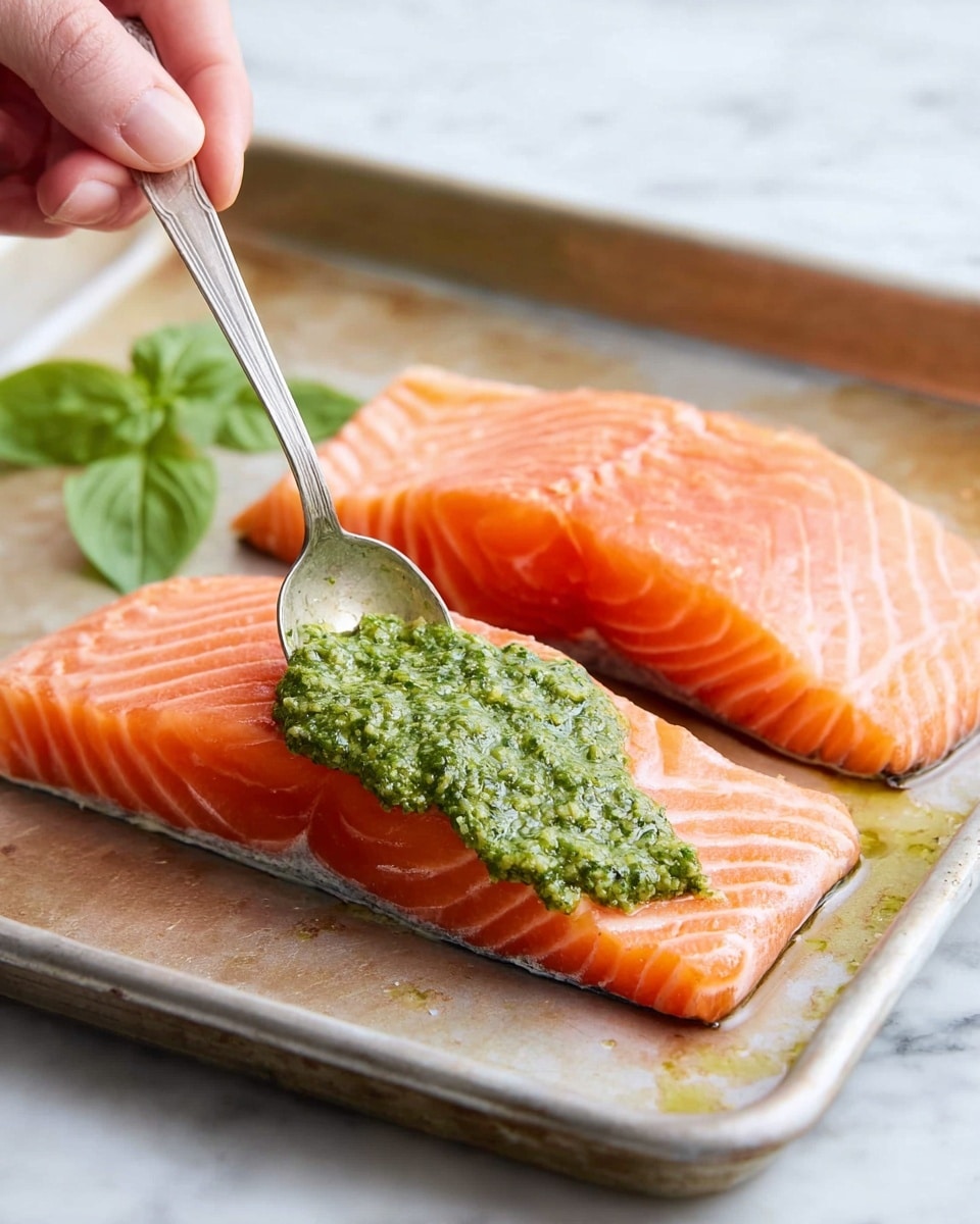 Two raw salmon fillets with bright orange and smooth, slightly shiny texture lie flat on a metal tray. A spoon held by a woman's hand is spreading a thick layer of green herb sauce with a rough, slightly chunky texture on the nearer fillet. A small green leaf sits on the tray in the background. The scene is set on a white marbled surface. photo taken with an iphone --ar 4:5 --v 7