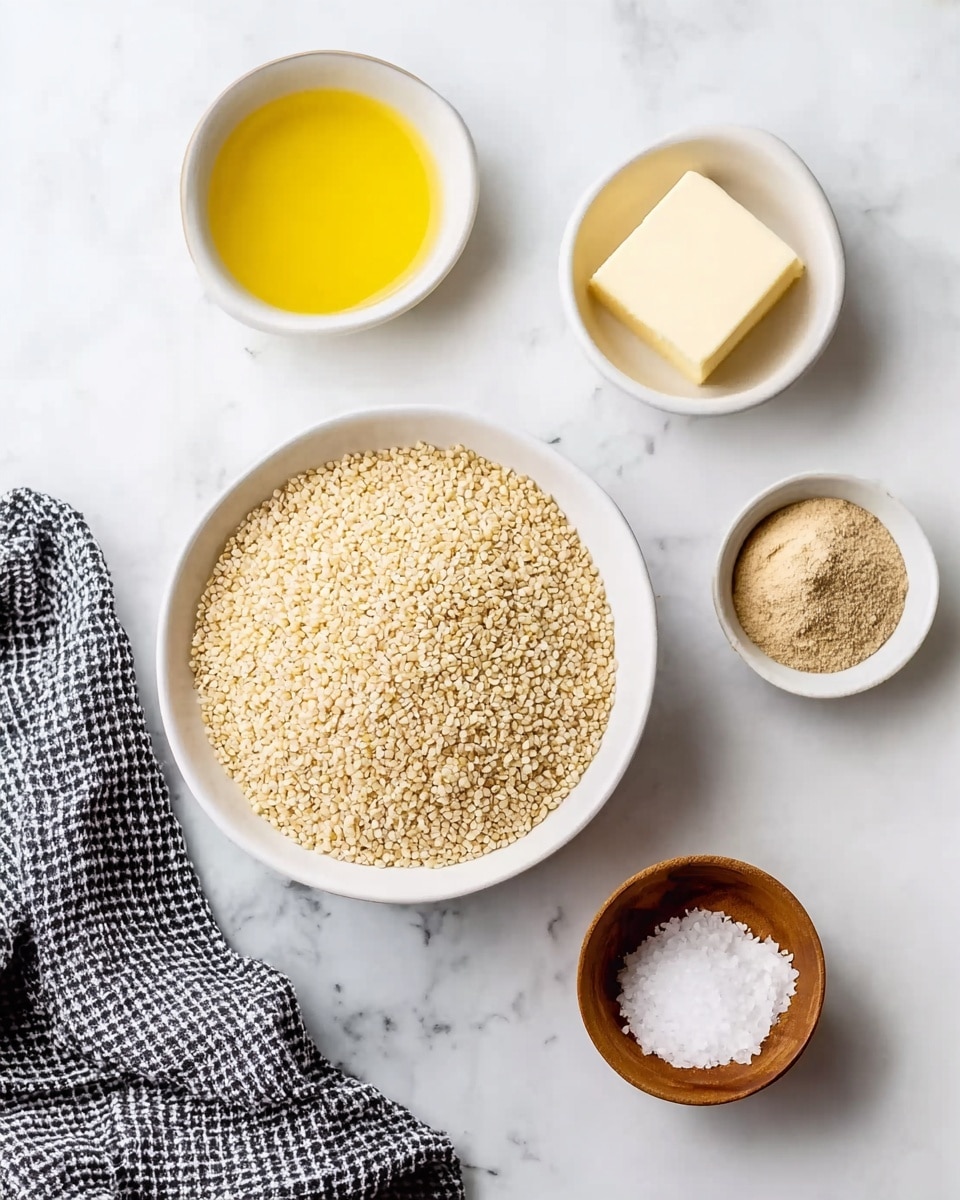 A white bowl filled with small, light beige grains fills the center of a white marbled surface, surrounded by four smaller white bowls holding different ingredients: one with a bright yellow liquid, one with light brown powder, one with a small square of pale yellow butter, and a small wooden bowl with coarse white salt. To the left, a black and white checkered cloth lies casually on the surface. The scene is bright and clean, showing each item clearly and separately photo taken with an iphone --ar 4:5 --v 7