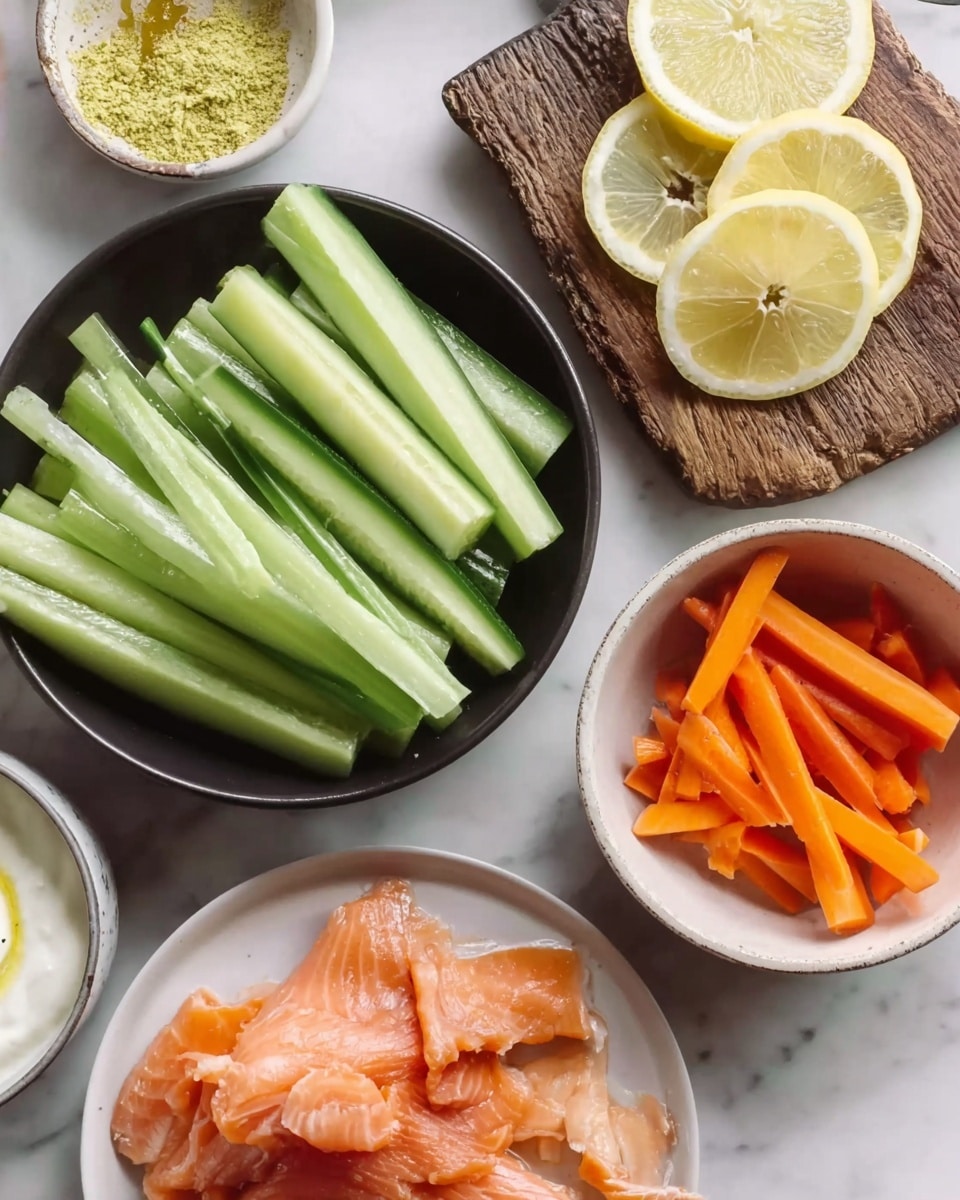 The image shows a flat lay of fresh food ingredients on a white marbled surface. In the center, there is a black bowl filled with light green cucumber sticks arranged neatly. To its right, a small white bowl contains bright orange carrot sticks. Below the carrots, there is a white plate with pink-orange slices of smoked salmon placed loosely. Above the cucumbers, thin lemon slices are arranged on a rustic wooden board. On the top right side, part of a white bowl is visible with a creamy white sauce topped with oil. Another white bowl containing a yellowish powder is partially seen on the lower left side. Photo taken with an iphone --ar 4:5 --v 7