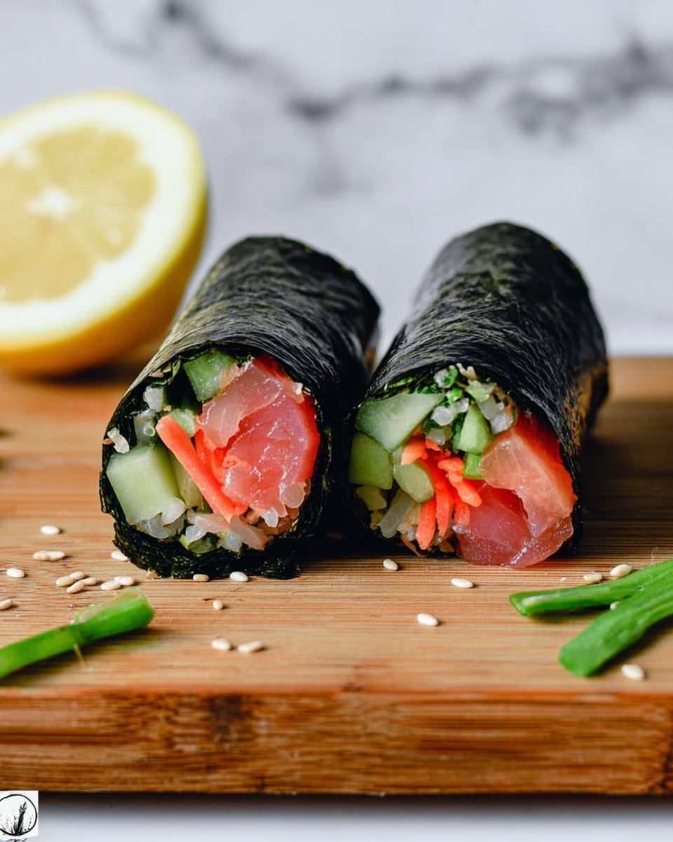 The image shows two seaweed sushi rolls placed close together on a wooden board. Each roll has a shiny, dark green seaweed outer layer. Inside the rolls, there are three main layers: thinly sliced pink fish on the bottom, a few thin orange strips resembling pickled ginger in the middle, and small pieces of light green cucumber on top. There are some white sesame seeds and green onion slices scattered on the wooden board near the sushi. The background is a white marbled texture with a halved lemon partially visible on the left side. photo taken with an iphone --ar 4:5 --v 7