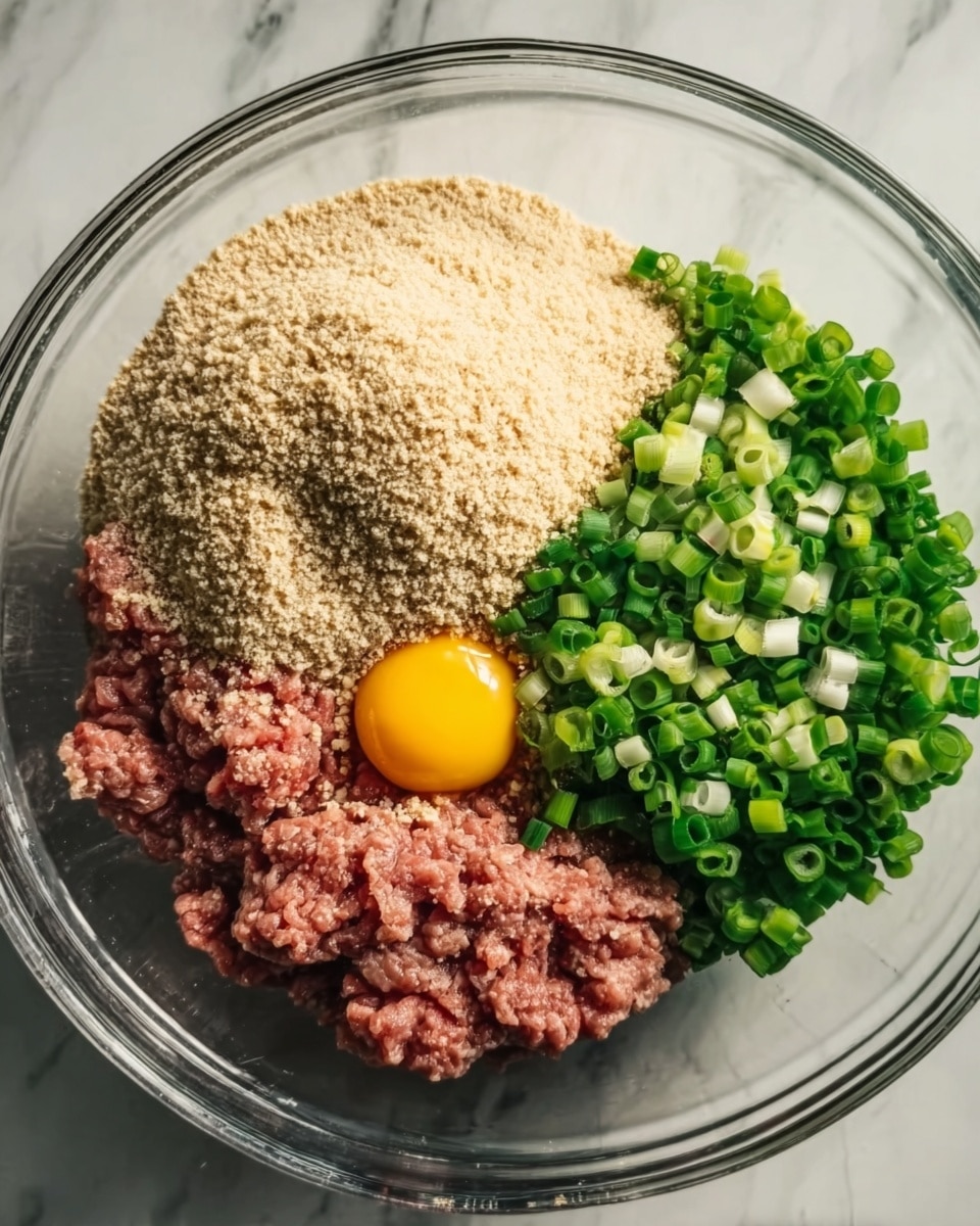 A clear glass bowl sits on a white marbled surface, filled with four distinct layers: a mound of light beige breadcrumbs on top, a pile of finely chopped green onions with bright green and white segments to the right, a portion of raw pink ground meat at the bottom left, and a single bright yellow egg yolk resting on the ground meat near the center. The colors and textures are clear and fresh, showing the different ingredients before mixing. Photo taken with an iphone --ar 4:5 --v 7