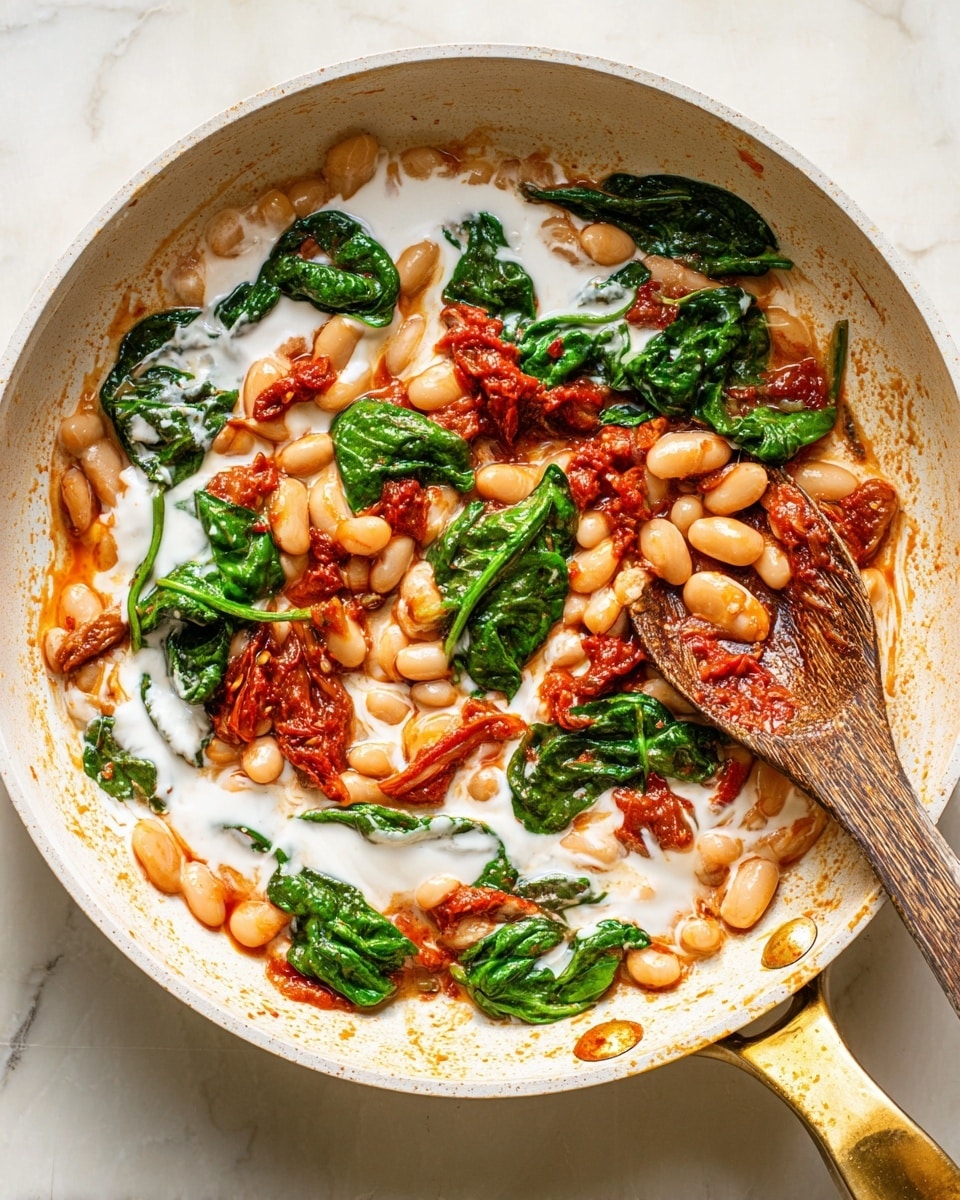 A white pan holds a colorful mix of cooked white beans with a soft, shiny texture, fresh dark green spinach leaves, and pieces of rich red tomato sauce scattered throughout. Creamy white liquid is swirled gently over the beans and spinach, creating contrast with the red sauce. A wooden spoon with a natural grain texture rests on the right side of the pan, partly covered with sauce. The pan handle shows a gold tone, and the whole scene is set against a white marbled surface. photo taken with an iphone --ar 4:5 --v 7