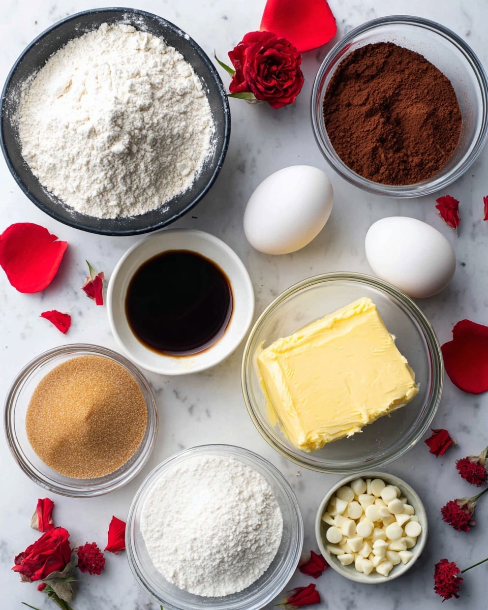 The image shows a white marbled surface with several bowls and ingredients neatly arranged. There is a black bowl filled with white flour at the top left, next to a smaller clear glass bowl holding cocoa powder on the right. Below these, a small white bowl is filled with dark vanilla extract. Two white eggs sit side by side near the center of the image. Below the eggs, a small clear glass bowl contains brown sugar, and next to it is a black bowl with white powdered sugar. At the bottom center, a clear glass bowl holds a large chunk of yellow butter. Scattered around the ingredients are red rose petals, small red flowers, and tiny white chocolate chips in a small white bowl on the right side of the frame. The photo taken with an iphone --ar 4:5 --v 7