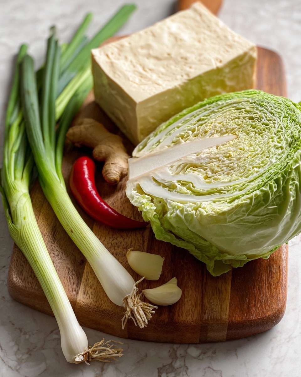 A wooden cutting board on a white marbled surface holds a few fresh ingredients: a quarter of a green cabbage with tightly layered pale green and white leaves sits upright near the center, a block of light yellow tofu is placed behind it, and three long green onions with white bulbs and green stalks stretch diagonally across the board. To the left of the cabbage are a bright red chili pepper, a small piece of ginger root, and two small cloves of garlic scattered nearby. The colors mix soft greens, creamy whites, and warm browns. photo taken with an iphone --ar 4:5 --v 7