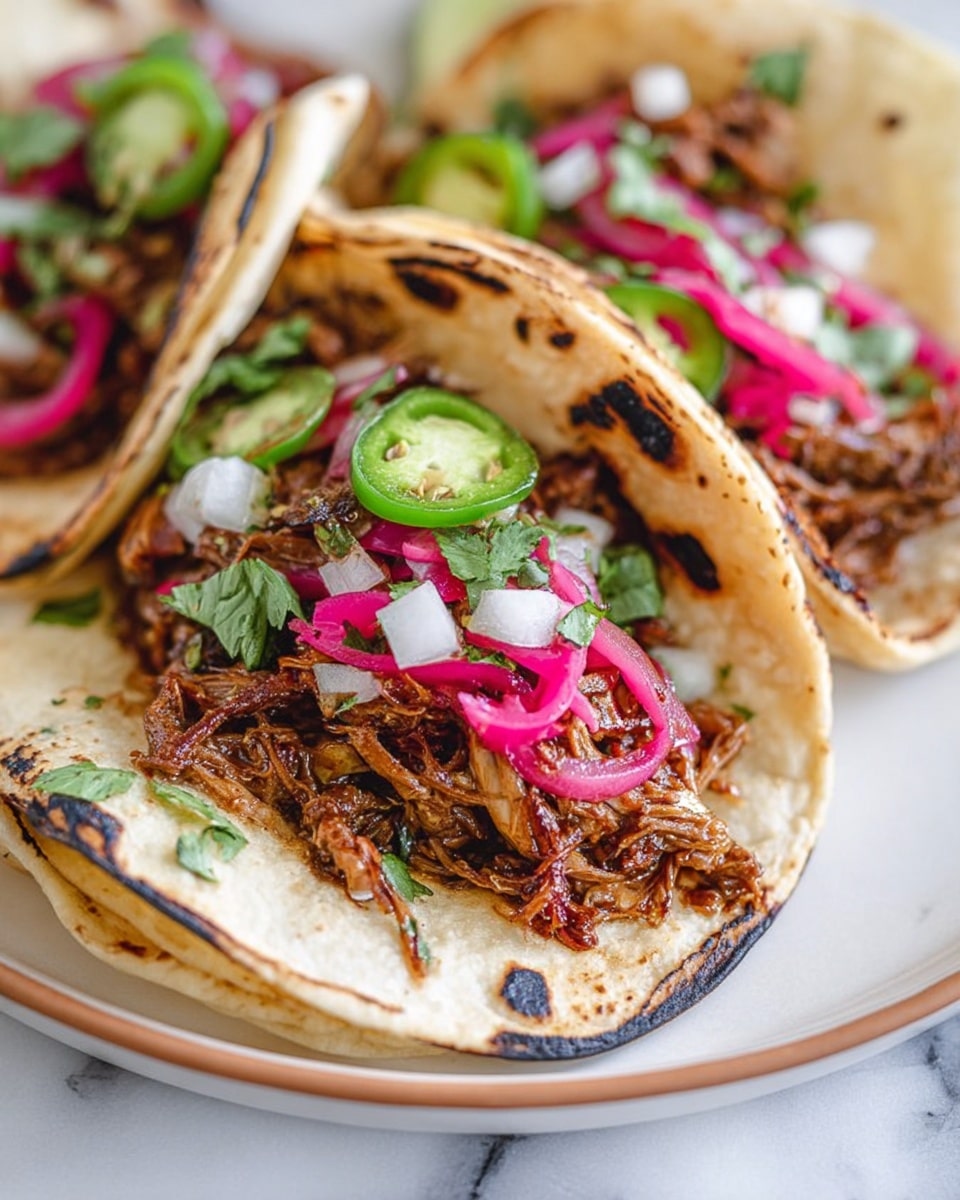 Three soft corn tortillas lie on a white plate with a brown rim, each filled with layers of shredded, dark brown cooked meat or vegetable, topped with bright green sliced jalapeños, small chunks of white onion, light pink pickled onions, and fresh green cilantro leaves. There is a light green spread beneath the filling inside the tortillas. Two lime wedges rest on the left side of the plate, and the plate sits on a white marbled surface. photo taken with an iphone --ar 4:5 --v 7