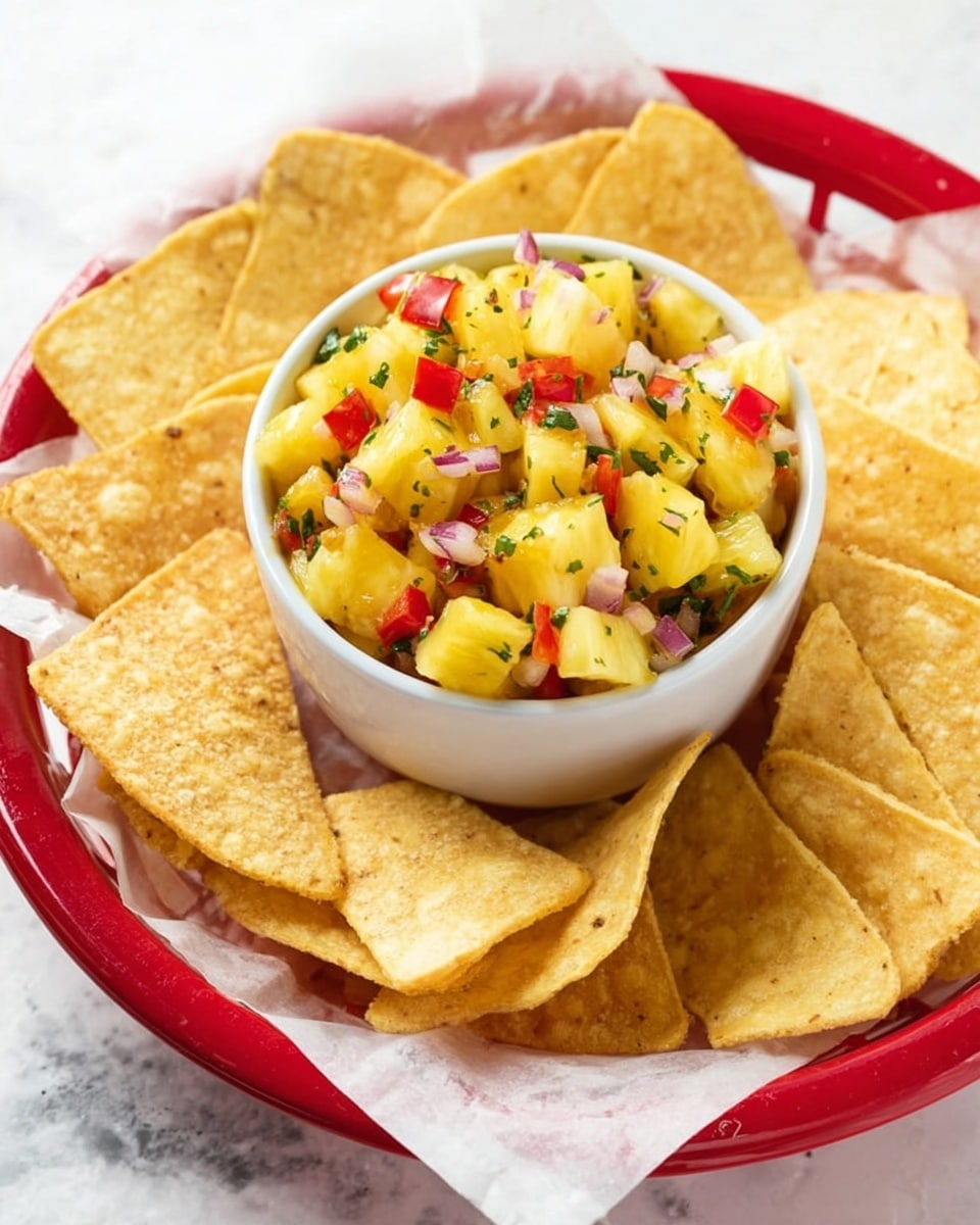 A white bowl filled with bright yellow pineapple chunks mixed with small pieces of red bell pepper and finely chopped red onion, sprinkled lightly with green herbs, sits at the center of a red tray. Around the bowl, there are many yellow tortilla chips, some stacked and others leaning against the bowl. The red tray is lined with white paper, and the whole setup rests on a white marbled surface. photo taken with an iphone --ar 4:5 --v 7
