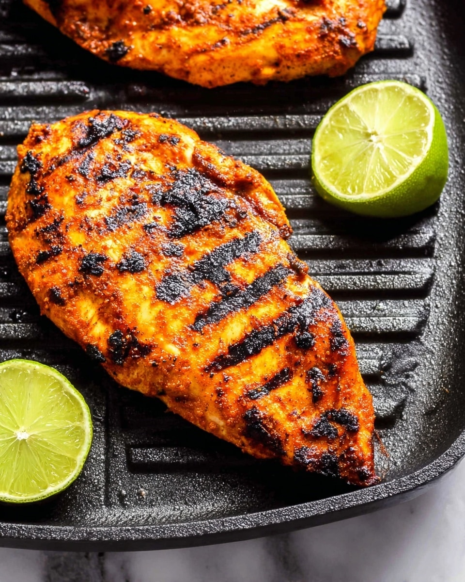 A close-up image shows two grilled pieces of chicken placed on a black ridged grill pan. The chicken has a rich orange color with dark grill marks and small blackened crispy bits on the surface, indicating a well-seasoned and cooked exterior. Next to the chicken pieces are a couple of lime wedges, bright green and juicy, placed on the grill pan corners. The background features a white marbled texture under the grill pan. The photo taken with an iphone --ar 4:5 --v 7