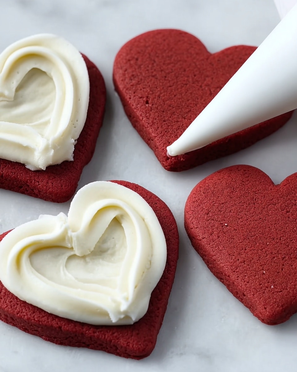The image shows four heart-shaped red cookies on a white marbled surface. One cookie has thick white cream being piped on it in a swirl shape, covering most of the cookie top. The other three cookies are plain with a soft, slightly porous texture. A white piping bag with white cream is directed towards one of the plain cookies, ready to add more cream. The red cookies have a matte finish and slightly rounded edges. Photo taken with an iphone --ar 4:5 --v 7