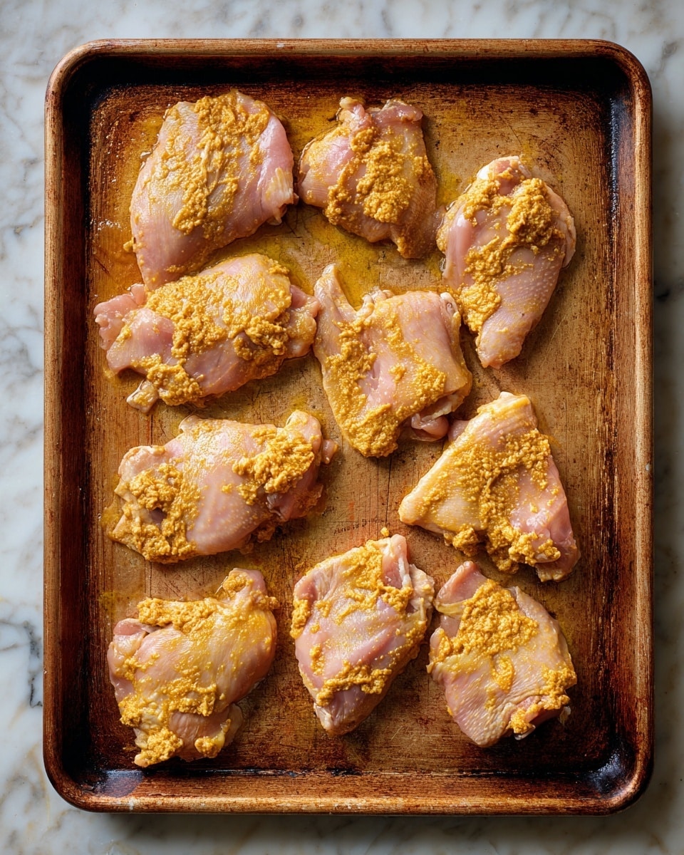 A light brown baking tray holds eight uncooked pieces of chicken, each spread out evenly. The chicken pieces have a light pink color with uneven patches of a yellowish-orange paste coating them, adding texture and contrast. The tray shows signs of use with small scratches and a darker stained pattern, but the focus is on the fresh, marinated chicken. The background surface is a white marble texture. photo taken with an iphone --ar 4:5 --v 7