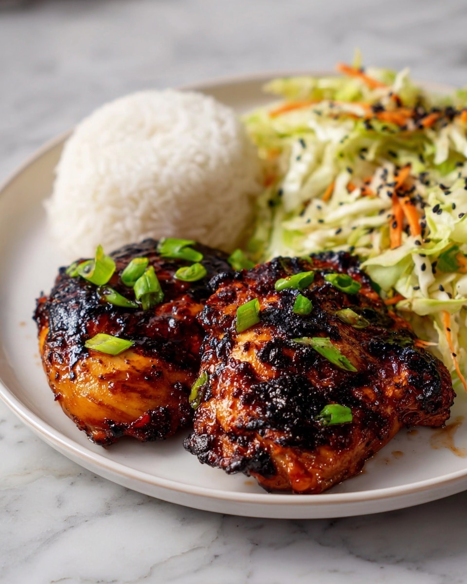 On a white plate placed on a white marbled surface, there are two grilled chicken pieces with a dark, shiny, and slightly charred crust, topped with fresh green sliced scallions. Behind the chicken, there is a dome of white rice with a soft and fluffy texture. On the right side of the plate, there is a colorful cabbage salad made of shredded green and white cabbage mixed with thin carrot strips and small black sesame seeds, adding a fresh and crunchy contrast. The lighting highlights the gloss on the chicken and the crispness of the salad, photo taken with an iphone --ar 4:5 --v 7