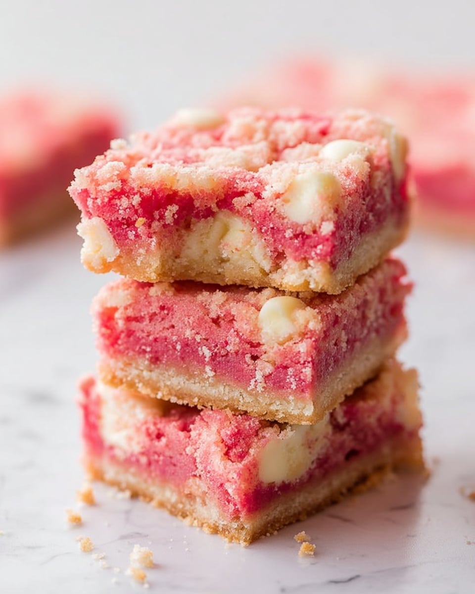 The image shows a stack of three pink dessert bars with white chocolate chunks inside. Each bar has a crumbly texture and the bars have a light brown crust at the bottom. The top bar has a small bite taken out of one corner, showing a moist inside with creamy bits. The bars are placed on a white marbled surface with small crumbs around them. Photo taken with an iphone --ar 4:5 --v 7