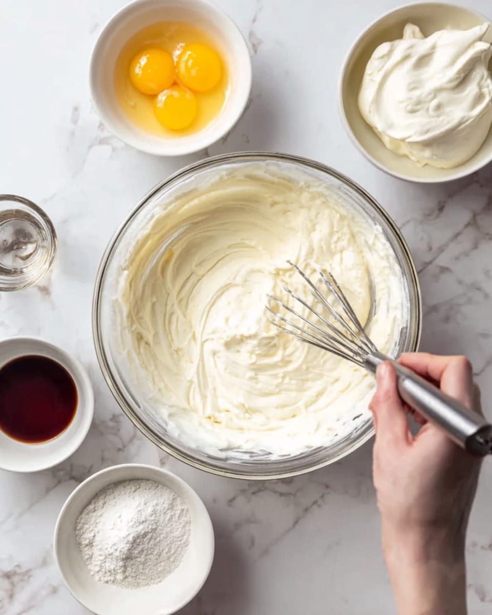 A close-up image shows a clear glass bowl filled with thick, creamy white mixture being whisked by a woman's hand holding a metal whisk. Around this bowl, there are four smaller white bowls with different ingredients: two raw yellow egg yolks in one, sifted white powder (likely flour or sugar) in another, a dark brown liquid in a small container, and a thick white cream in the last bowl. These ingredients are placed on a white marbled surface. The scene captures the process of mixing with a focus on the texture of the creamy mixture and motion of whisking. Photo taken with an iphone --ar 4:5 --v 7